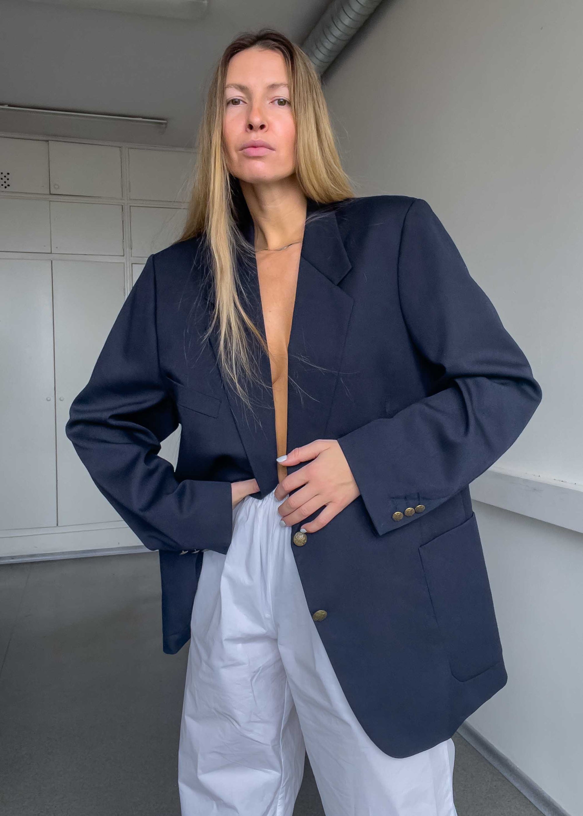 Vintage Blue Oversized Blazer with Metal Buttons