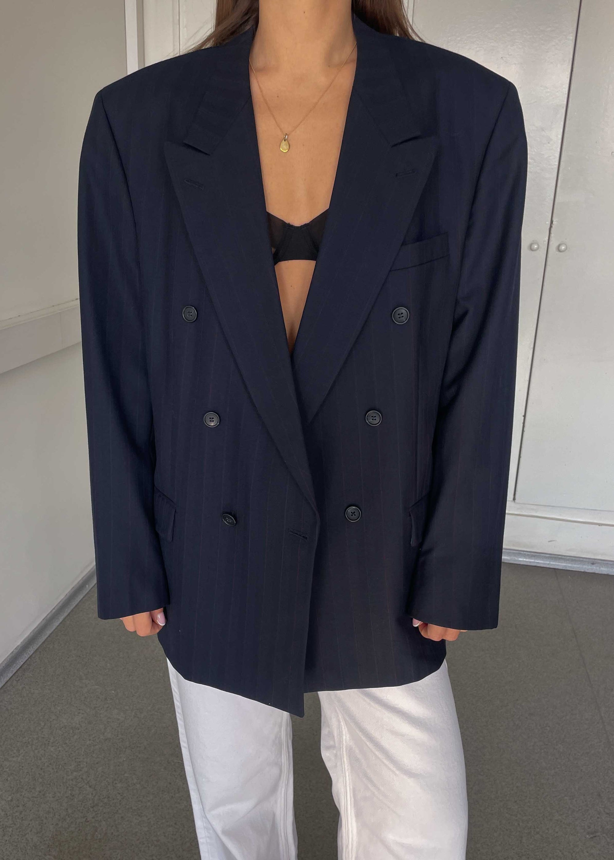 Vintage Navy Blue Striped Oversized Double Breasted Blazer