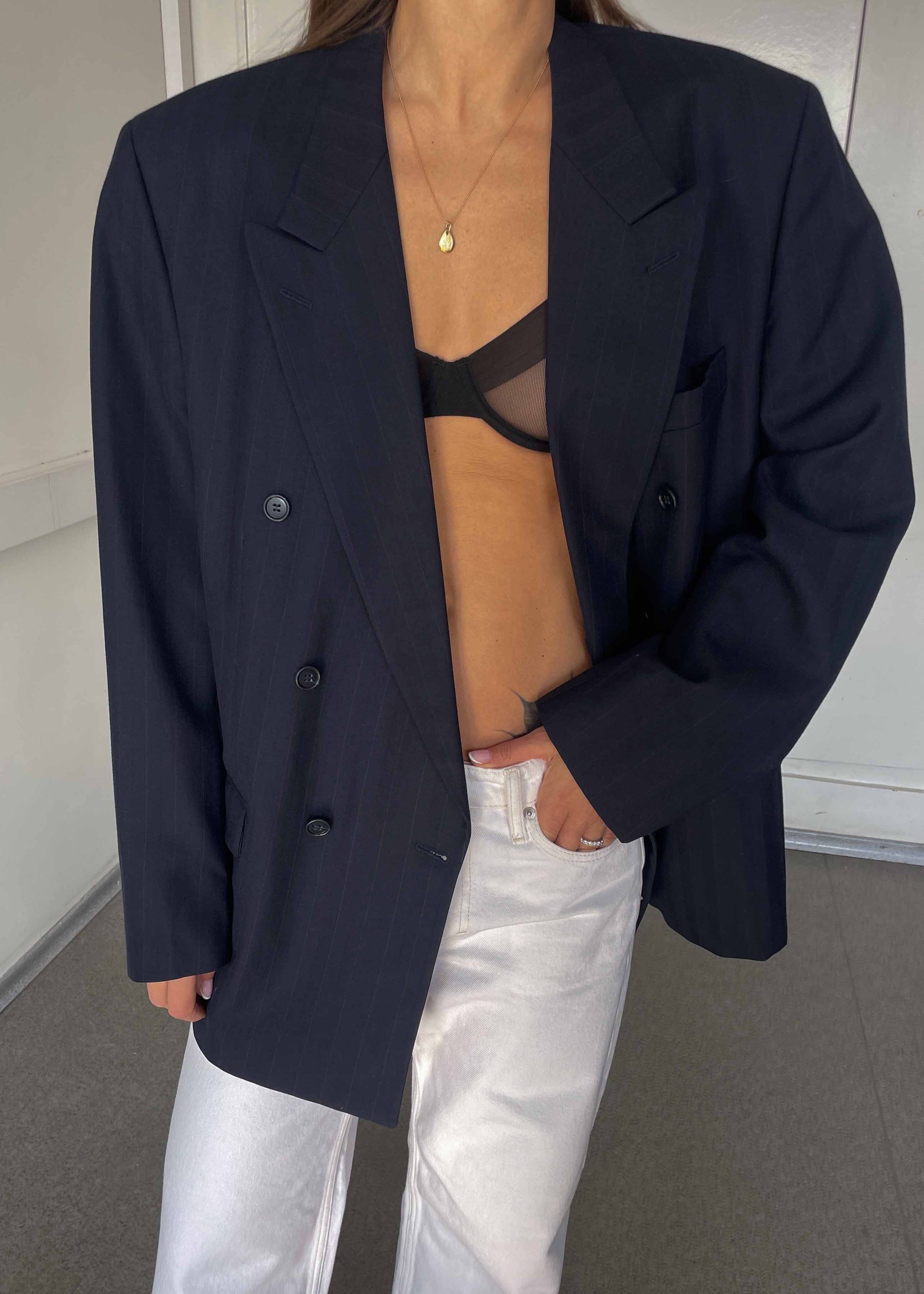 Vintage Navy Blue Striped Oversized Double Breasted Blazer