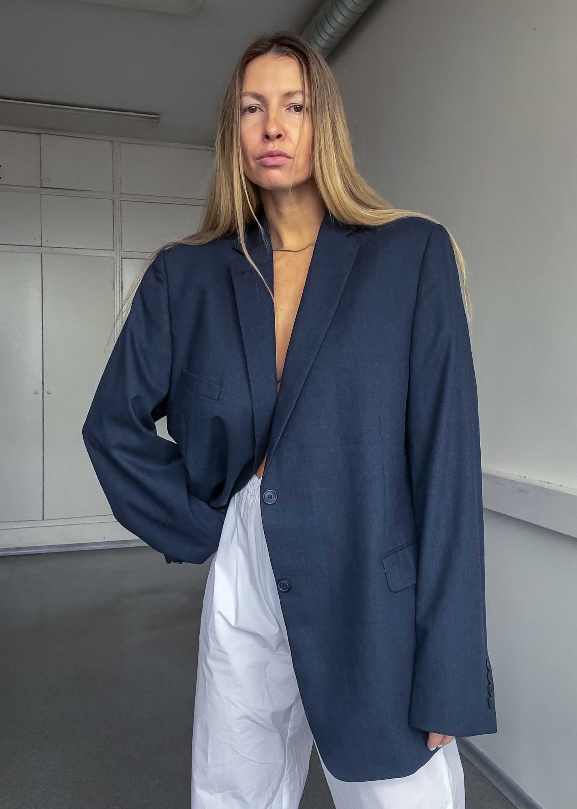 Vintage Dark Grey / Blue Patterned Oversized Blazer