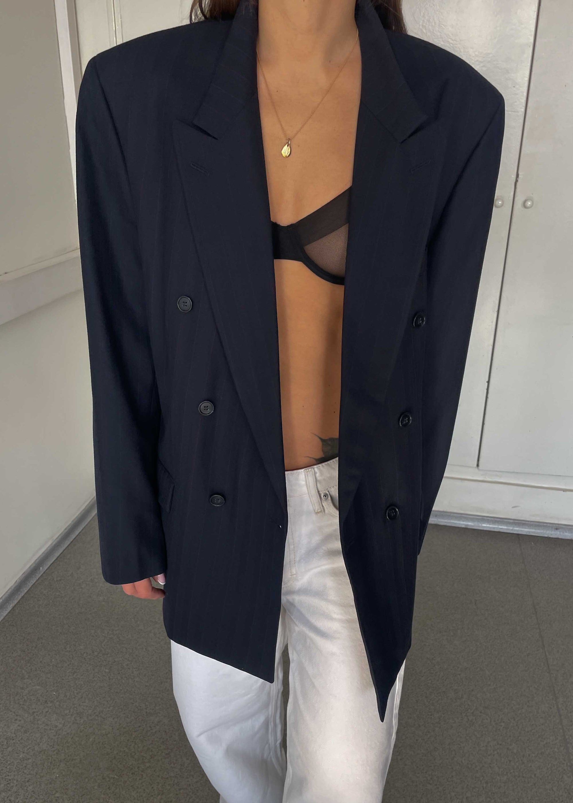 Vintage Navy Blue Striped Oversized Double Breasted Blazer