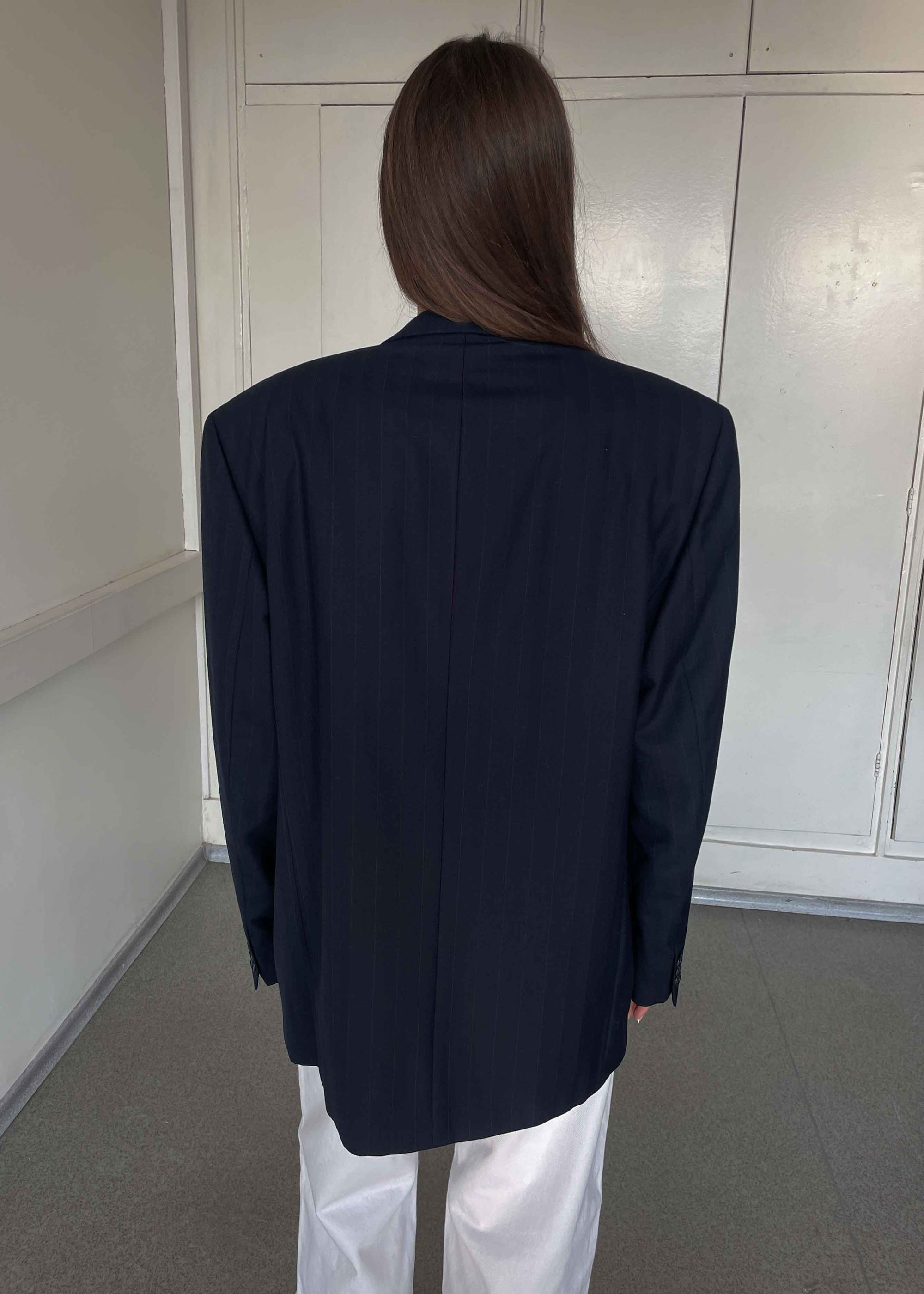 Vintage Navy Blue Striped Oversized Double Breasted Blazer