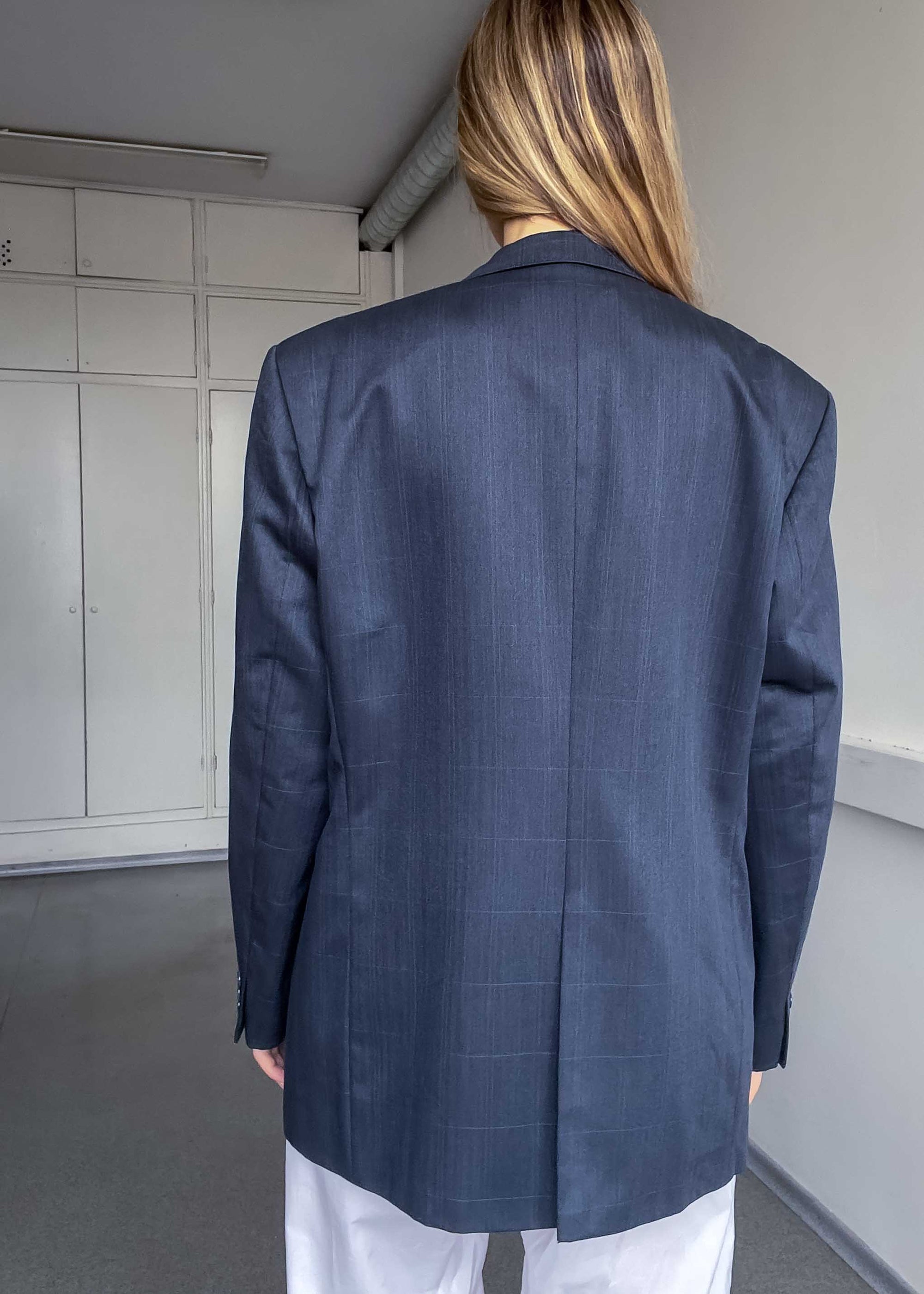 Vintage Dark Grey Checked Oversized 100% WOOL Blazer