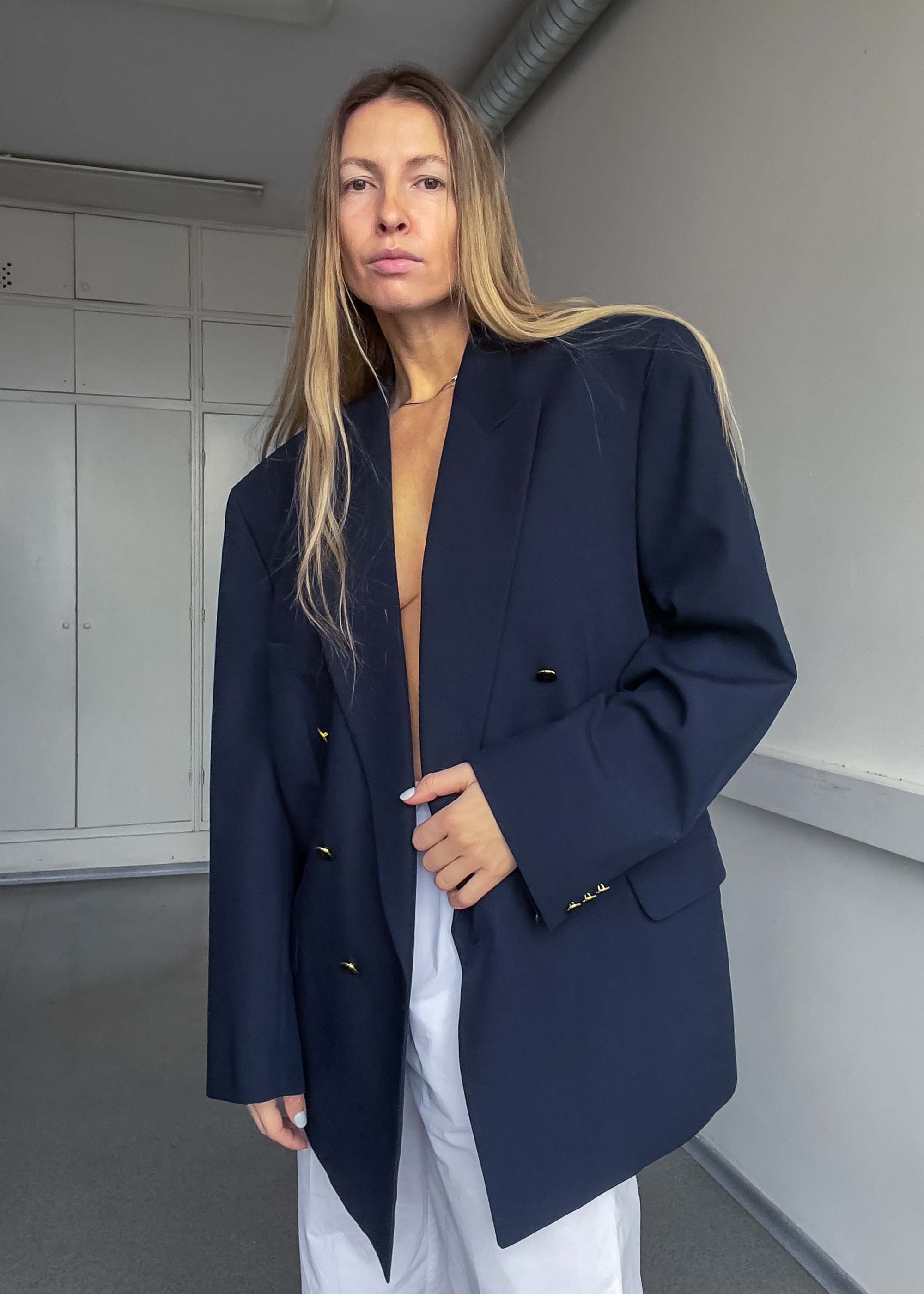 Vintage Navy Blue Oversized Double Breasted Blazer