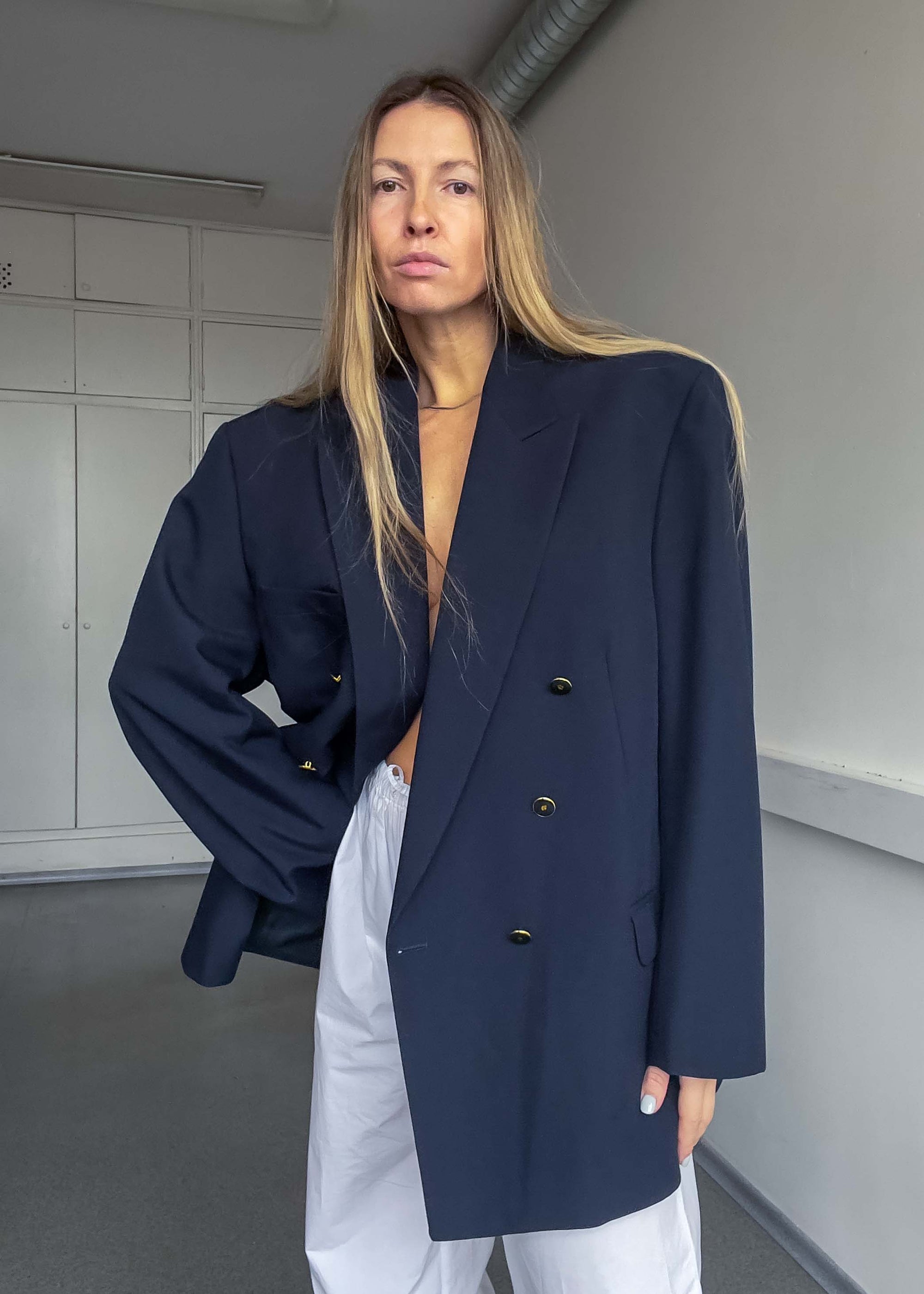 Vintage Navy Blue Oversized Double Breasted Blazer