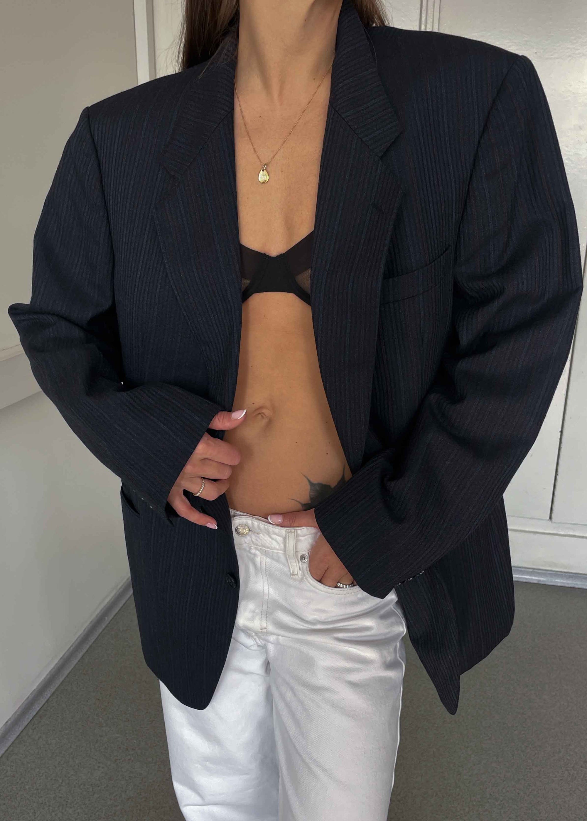 Vintage Dark Blue Striped Oversized Blazer