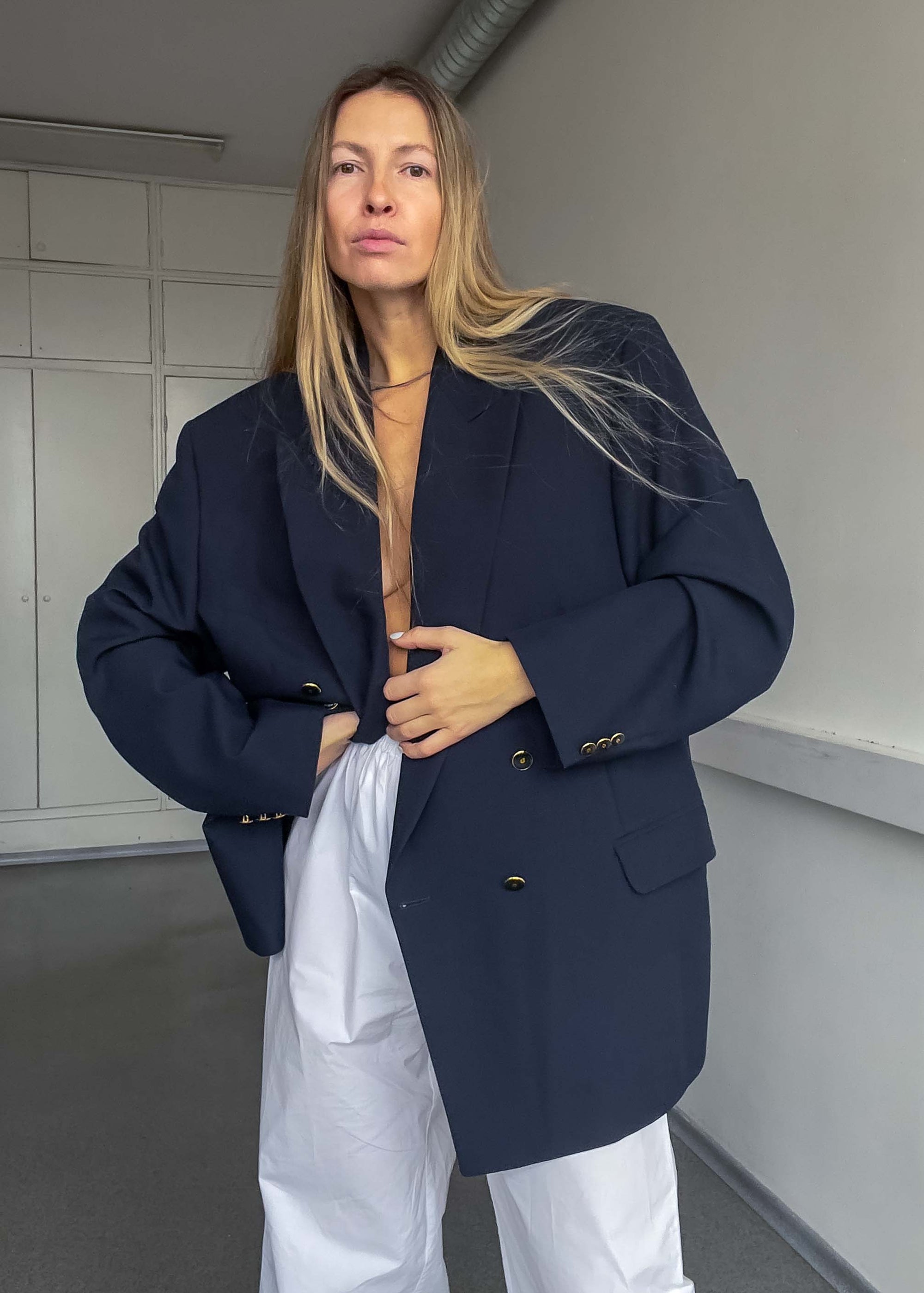 Vintage Navy Blue Oversized Double Breasted Blazer