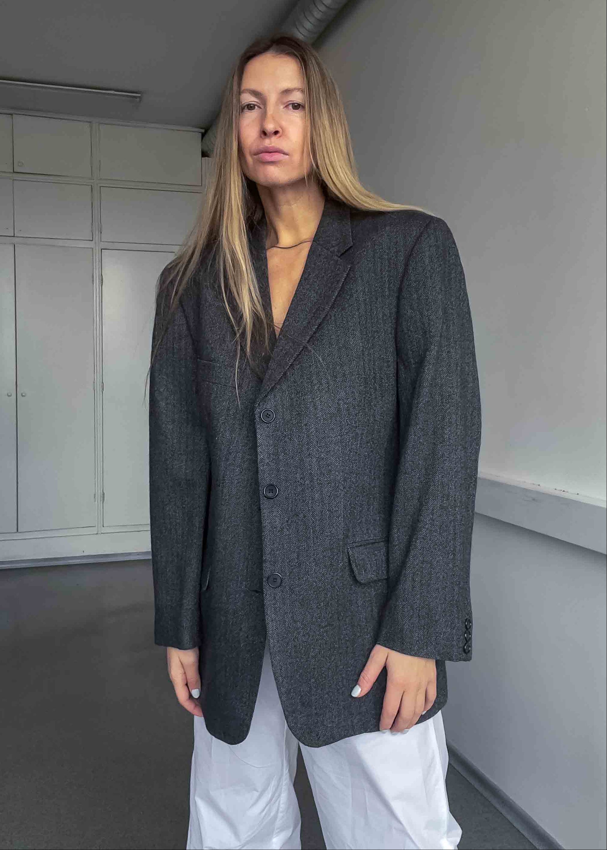 Vintage Grey Patterned Oversized 100% WOOL Blazer