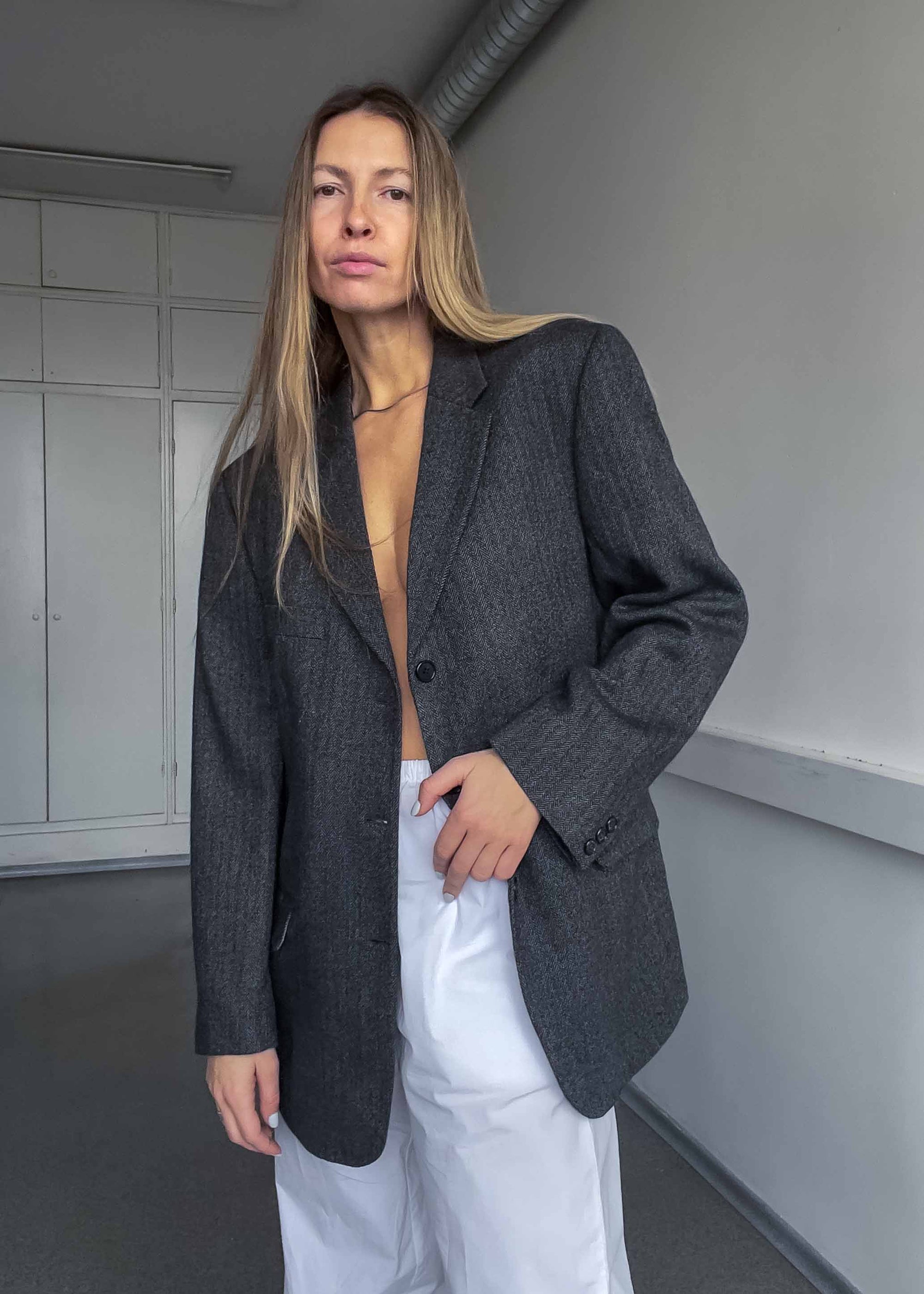 Vintage Grey Patterned Oversized 100% WOOL Blazer