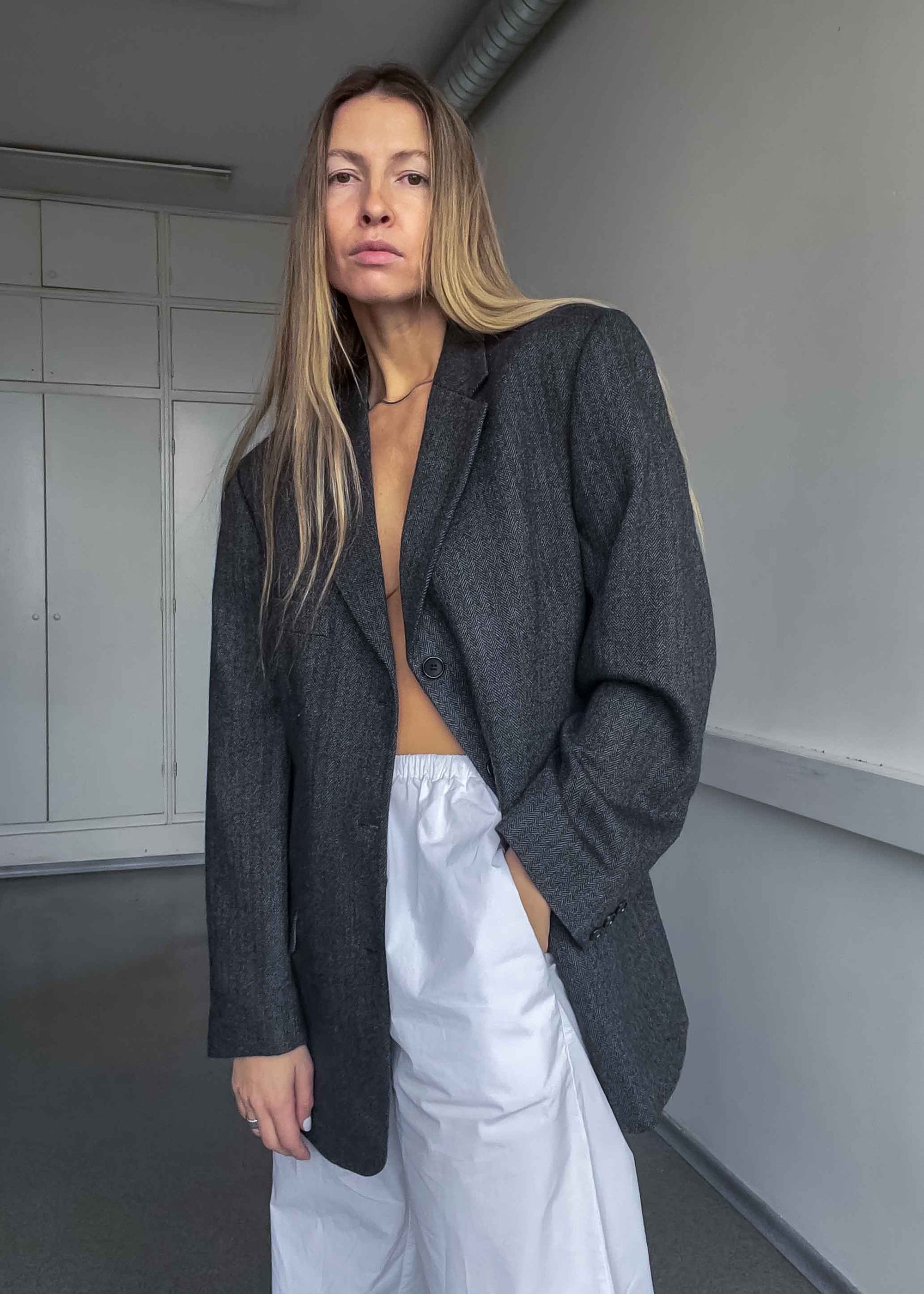 Vintage Grey Patterned Oversized 100% WOOL Blazer