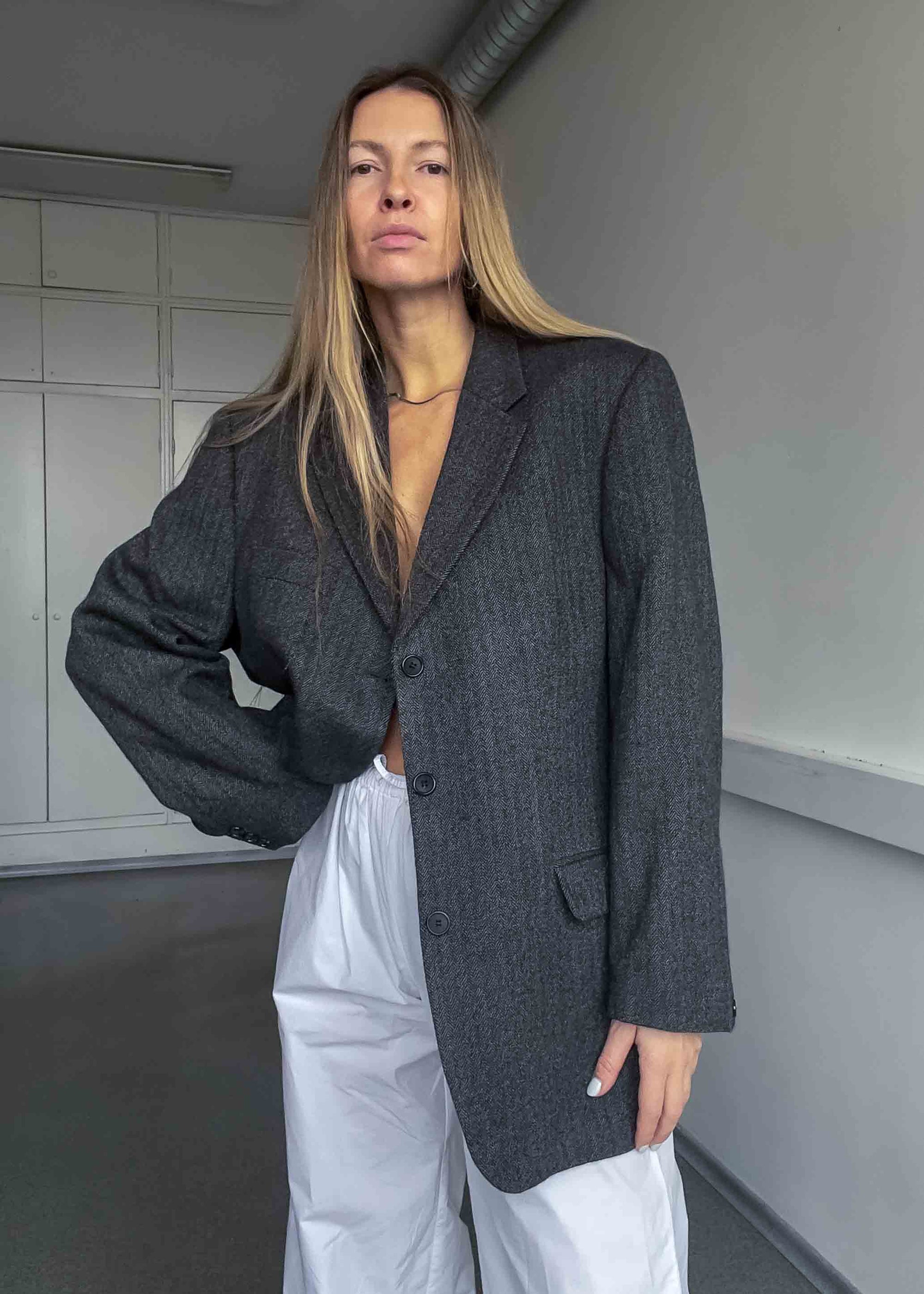 Vintage Grey Patterned Oversized 100% WOOL Blazer