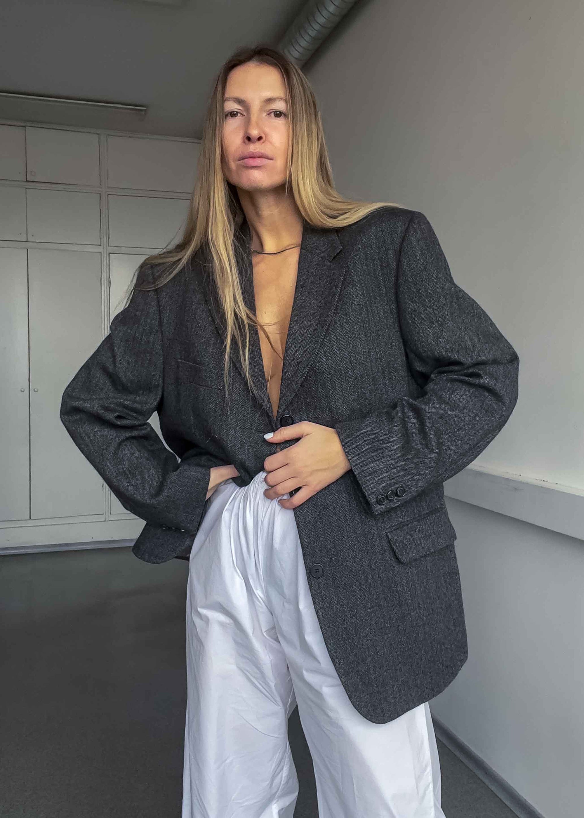 Vintage Grey Patterned Oversized 100% WOOL Blazer