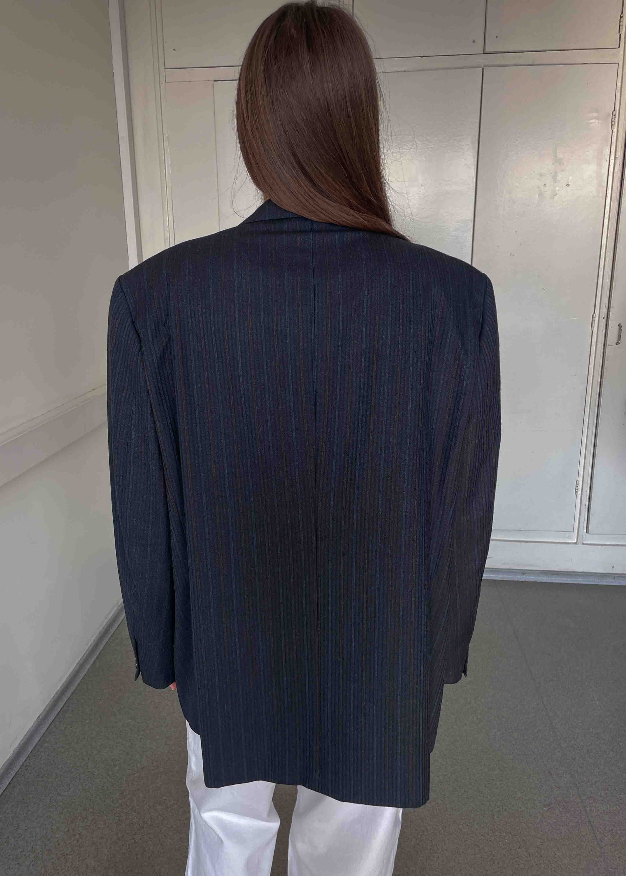 Vintage Dark Blue Striped Oversized Blazer
