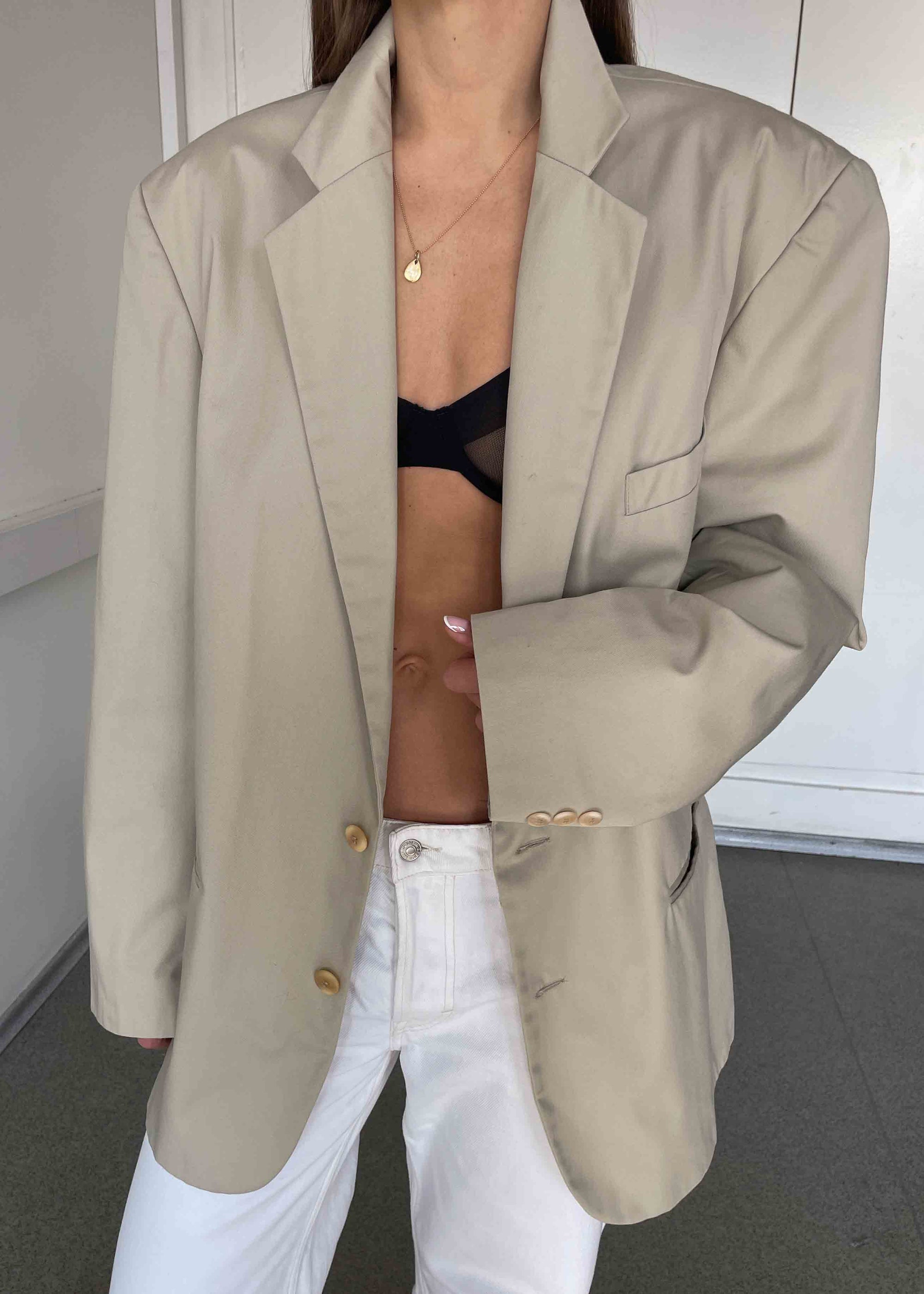 Vintage Beige Oversized Cotton Blazer