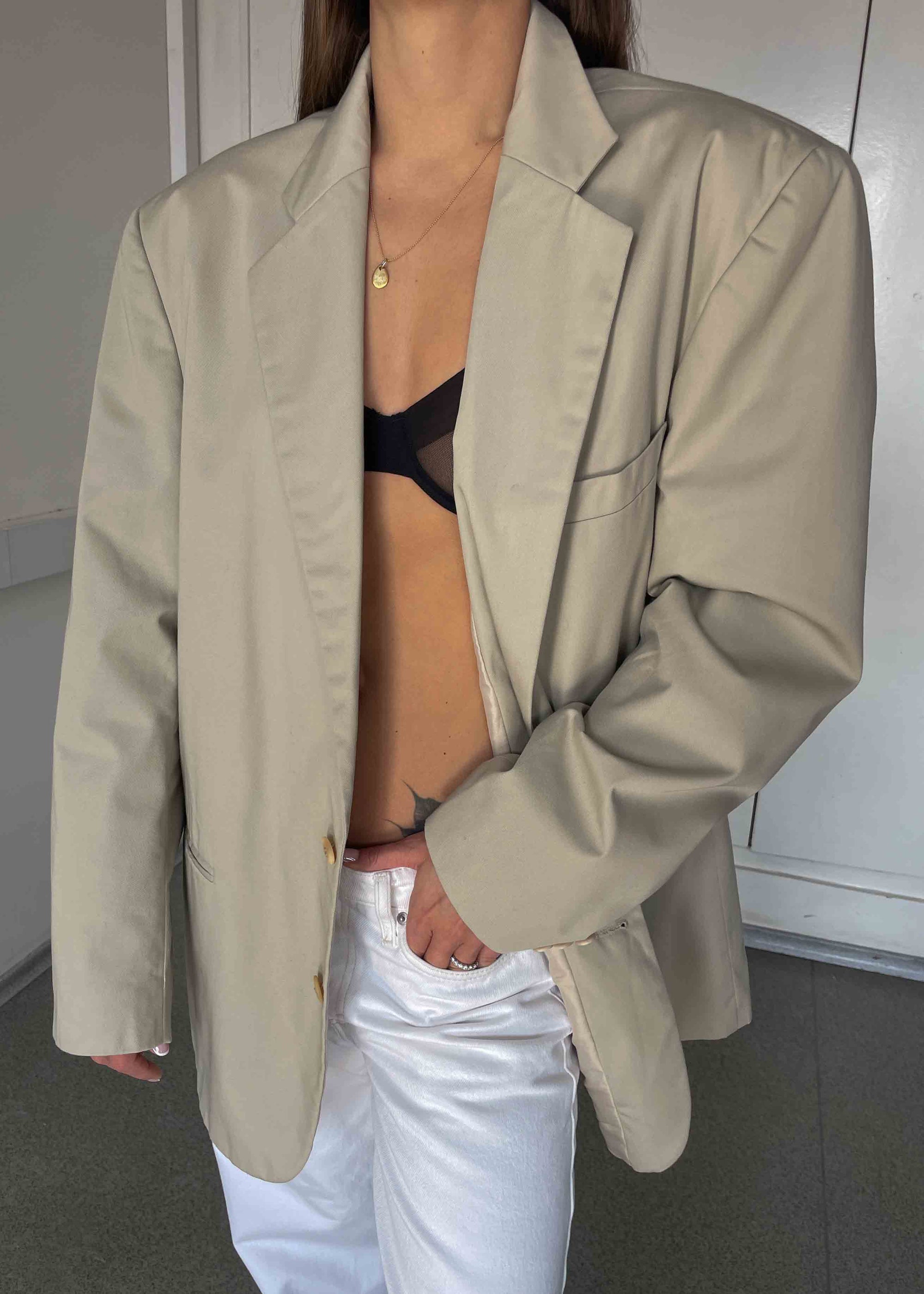 Vintage Beige Oversized Cotton Blazer