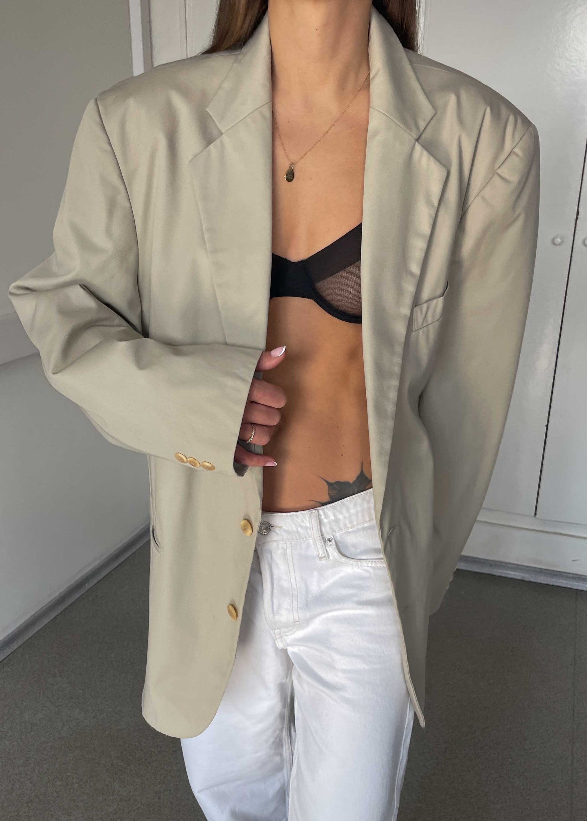 Vintage Beige Oversized Cotton Blazer