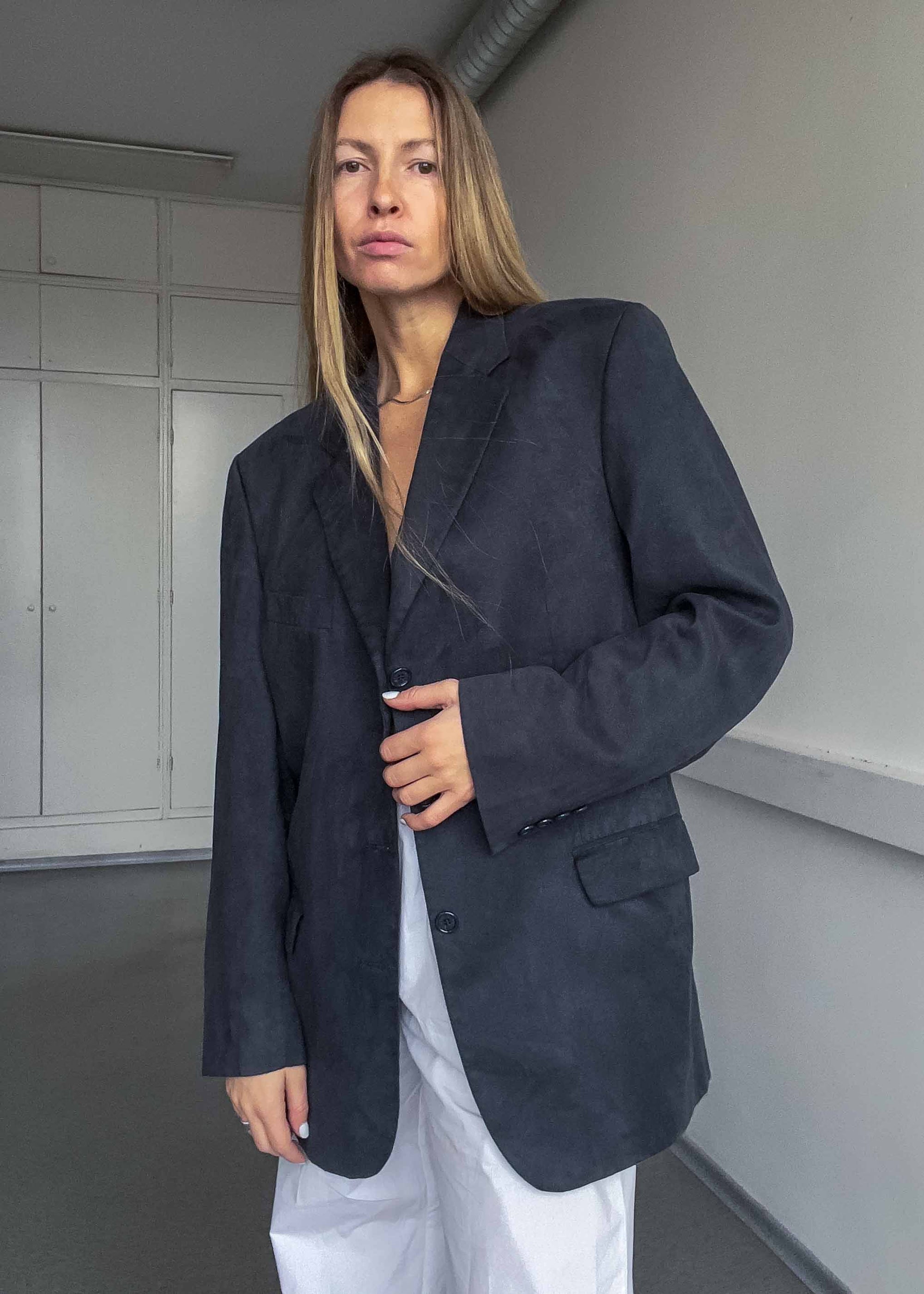 Vintage Dark Grey Oversized Faux Suede Blazer
