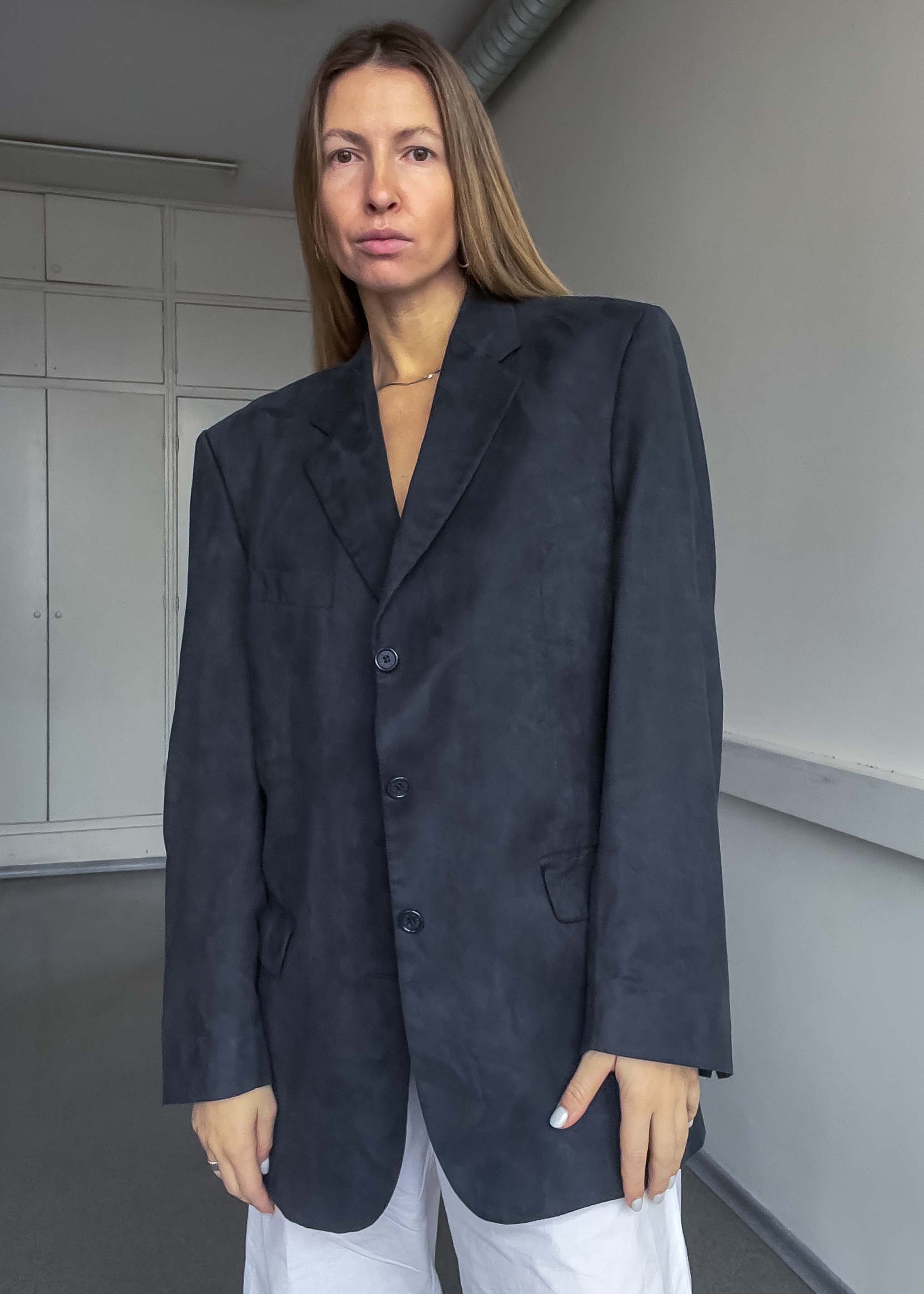 Vintage Dark Grey Oversized Faux Suede Blazer