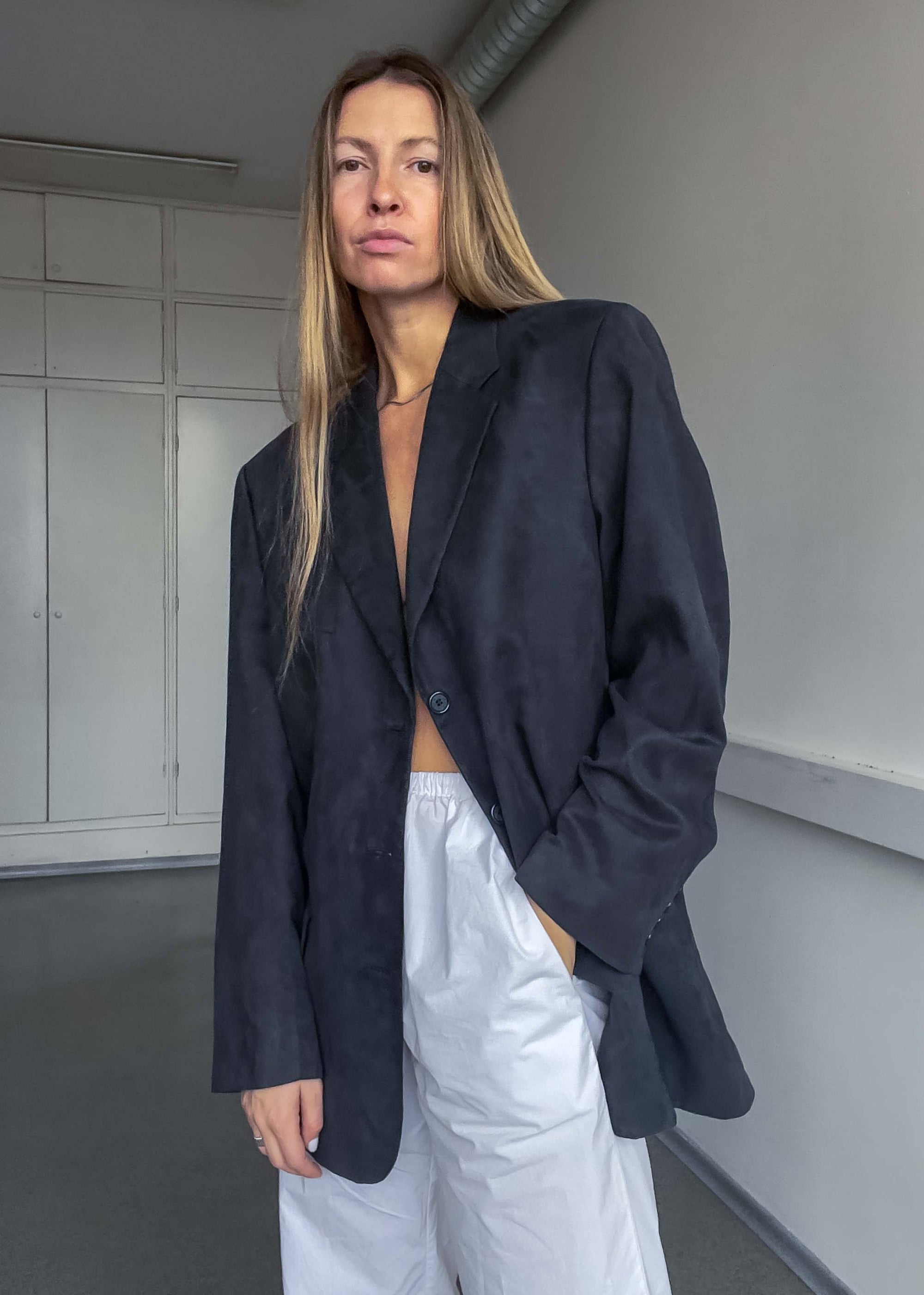 Vintage Dark Grey Oversized Faux Suede Blazer