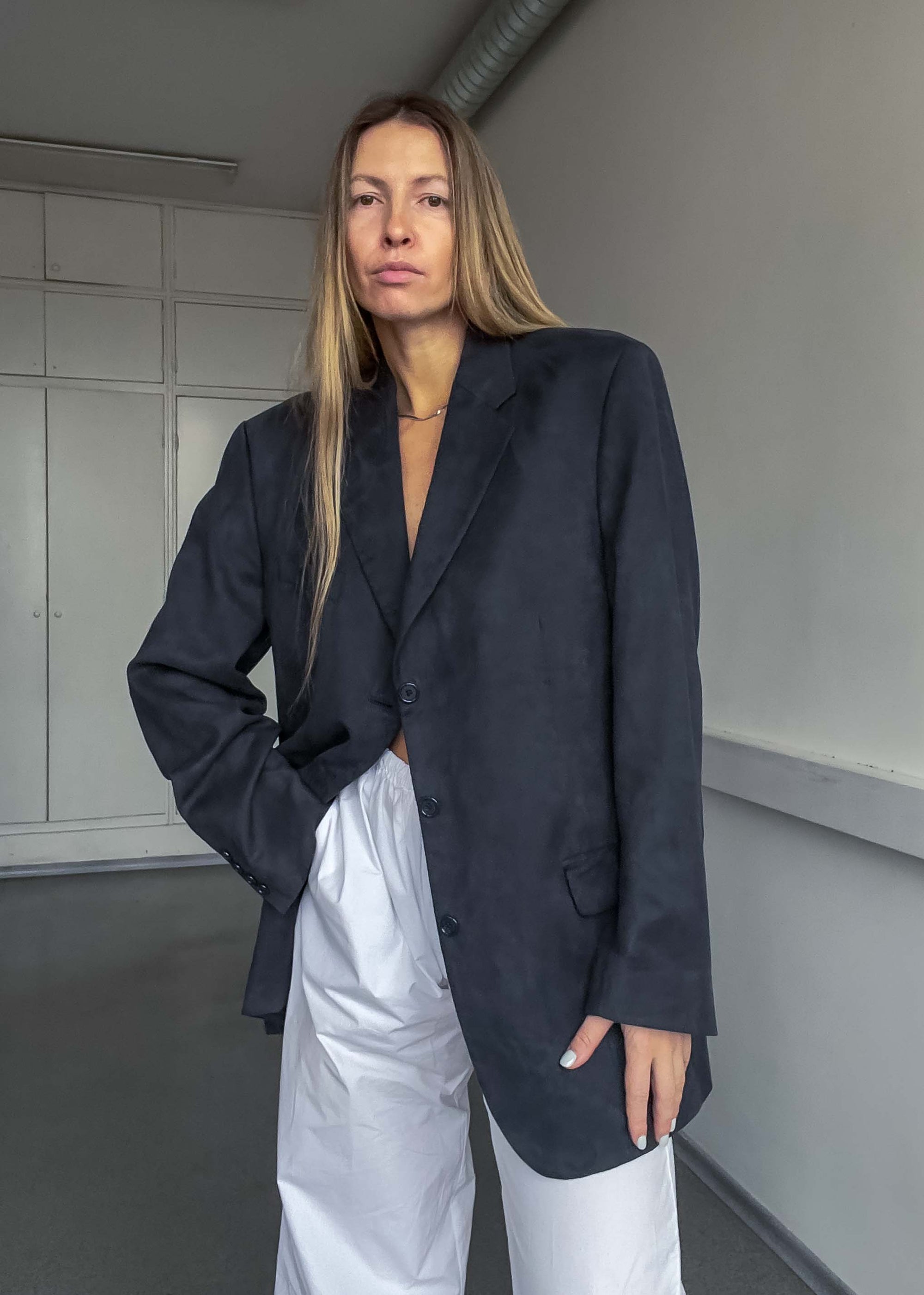 Vintage Dark Grey Oversized Faux Suede Blazer