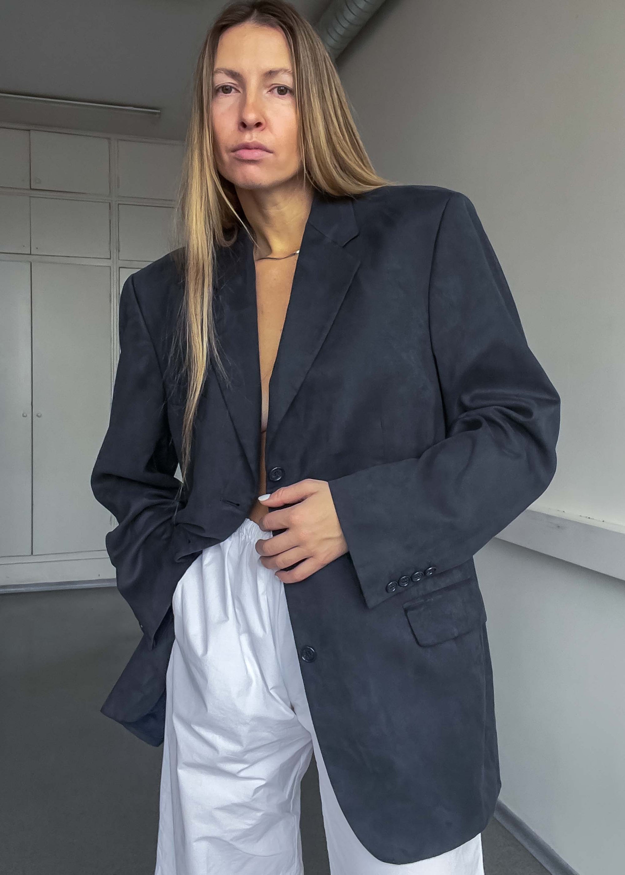 Vintage Dark Grey Oversized Faux Suede Blazer