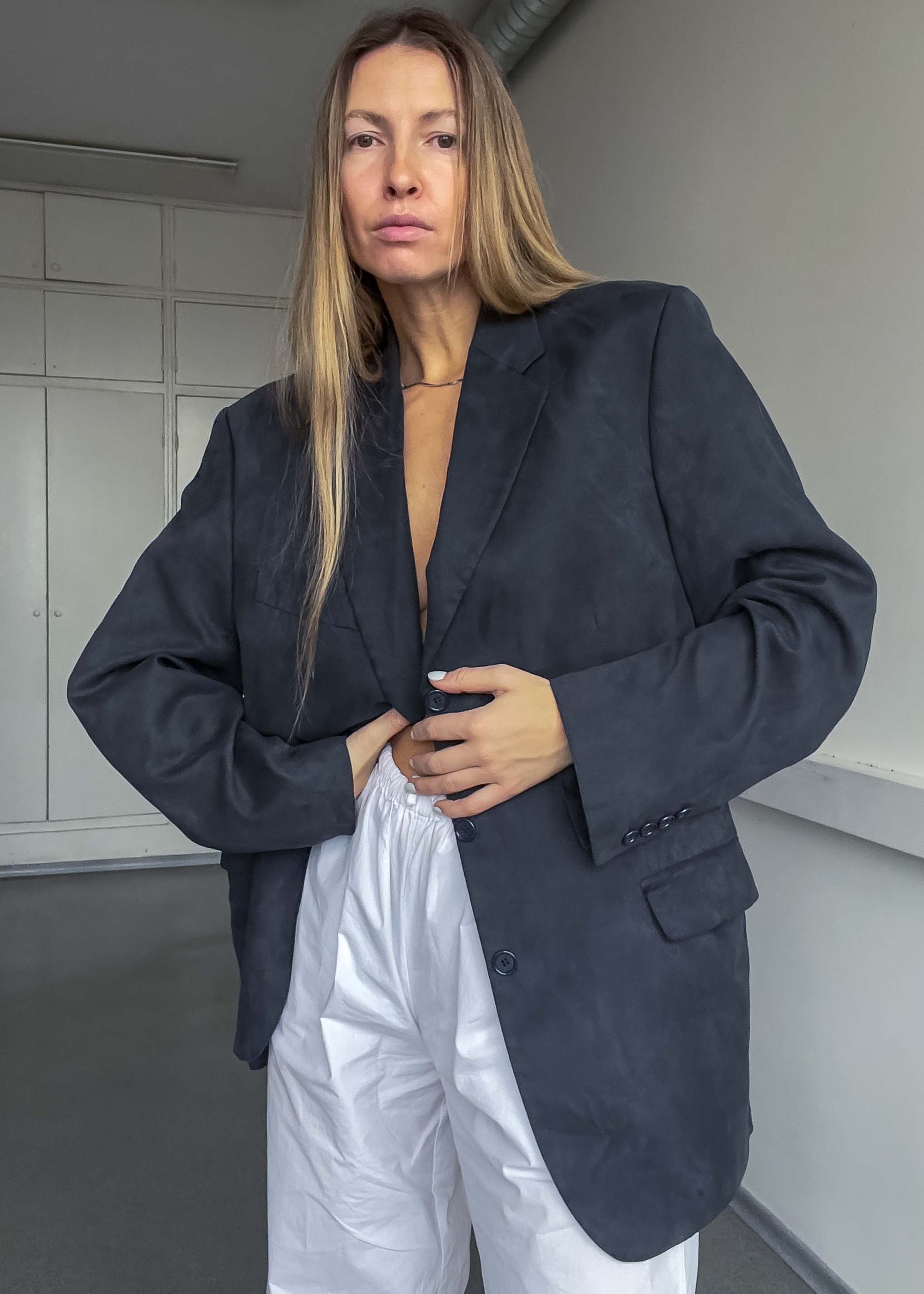 Vintage Dark Grey Oversized Faux Suede Blazer