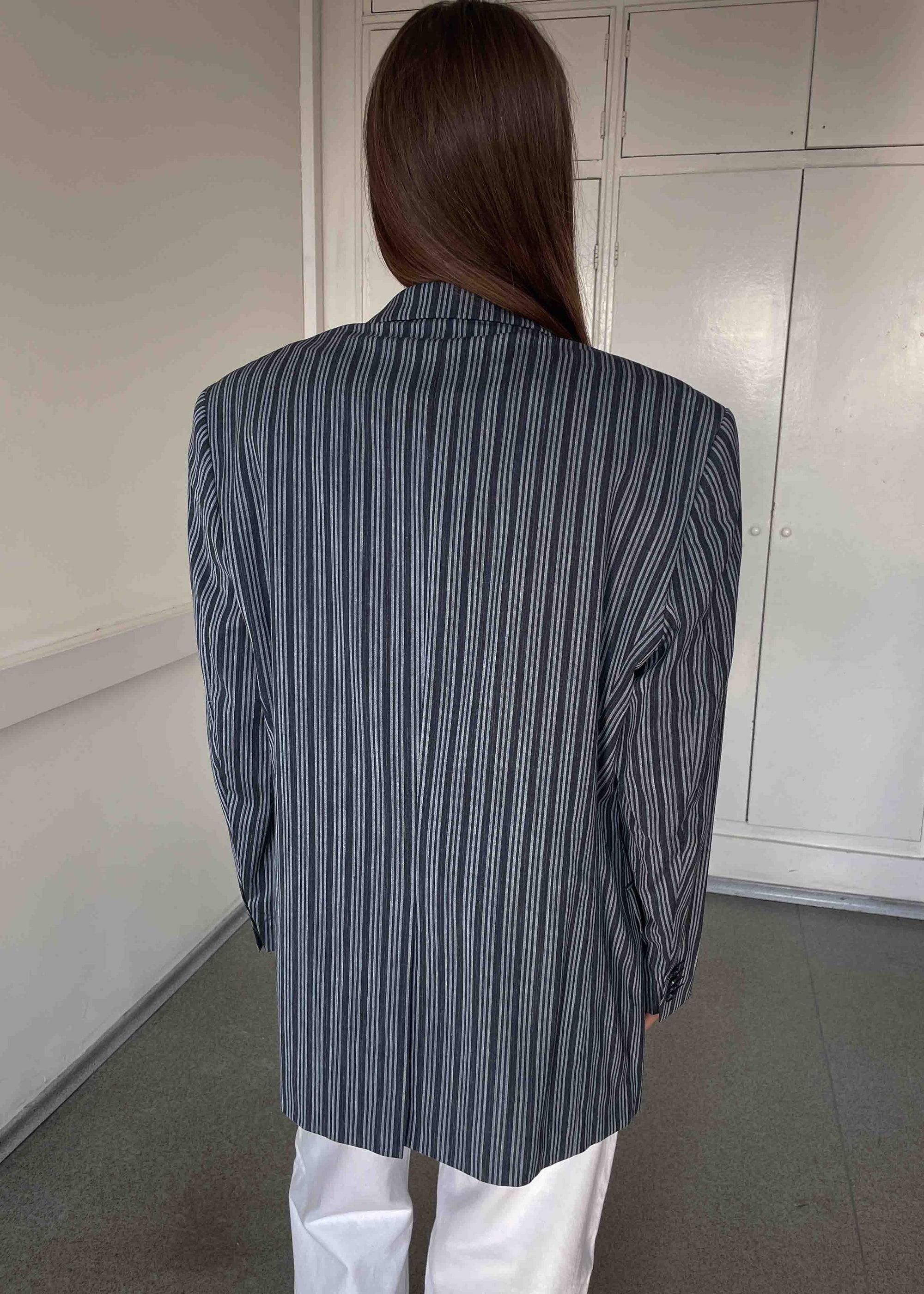 Vintage Blue Striped Oversized Linen Blend Blazer