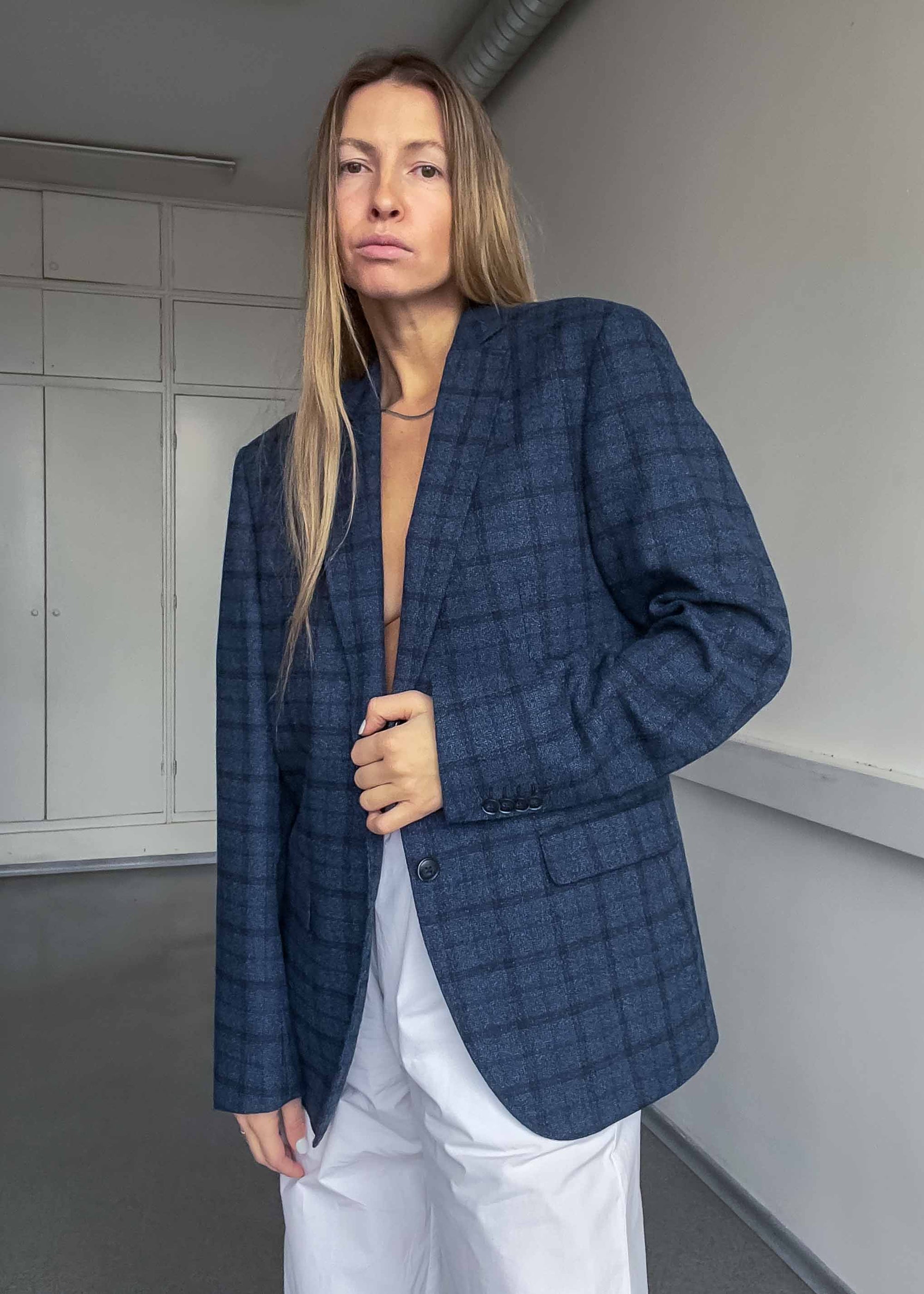 Vintage Blue Checked Oversized Blazer