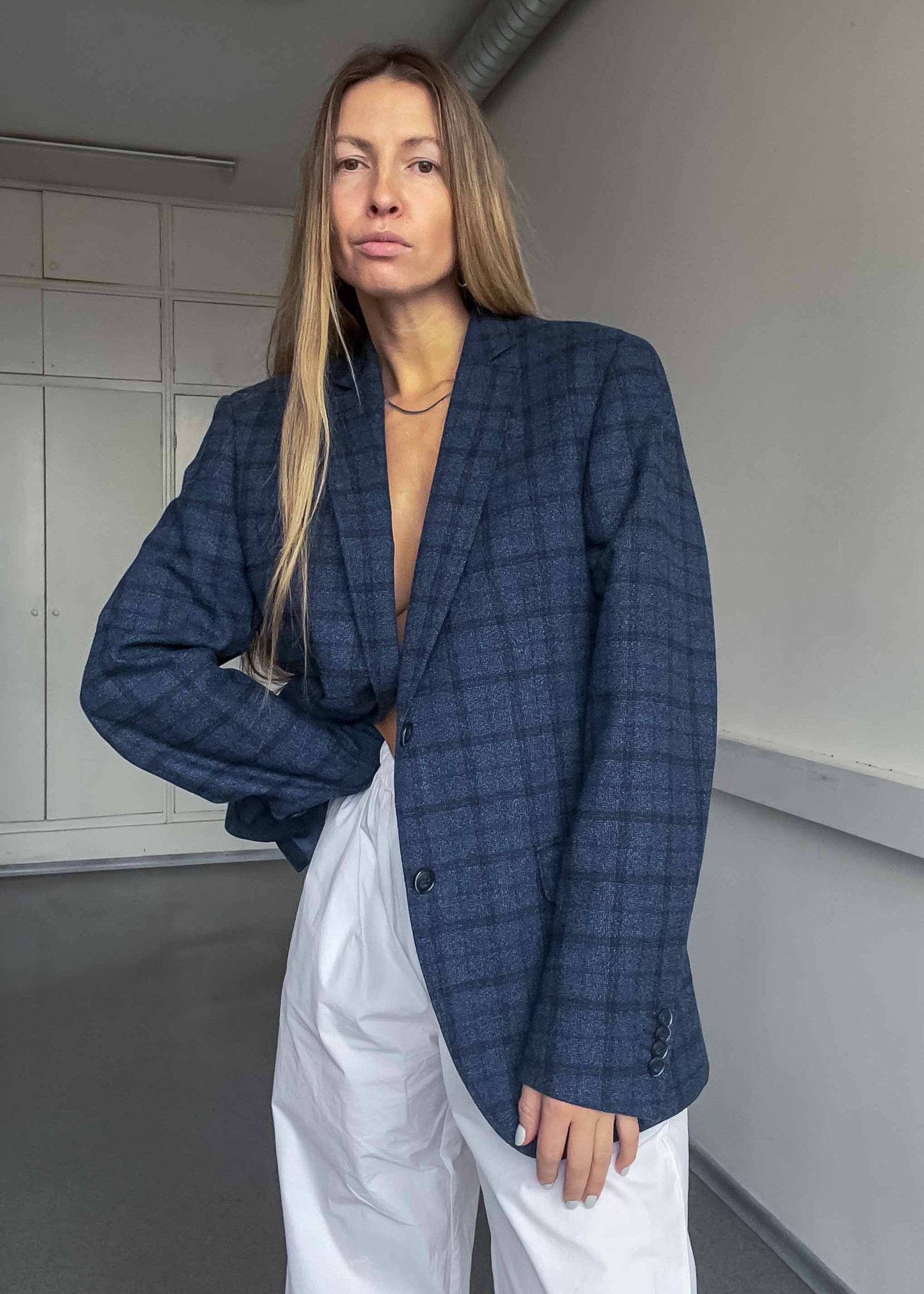 Vintage Blue Checked Oversized Blazer