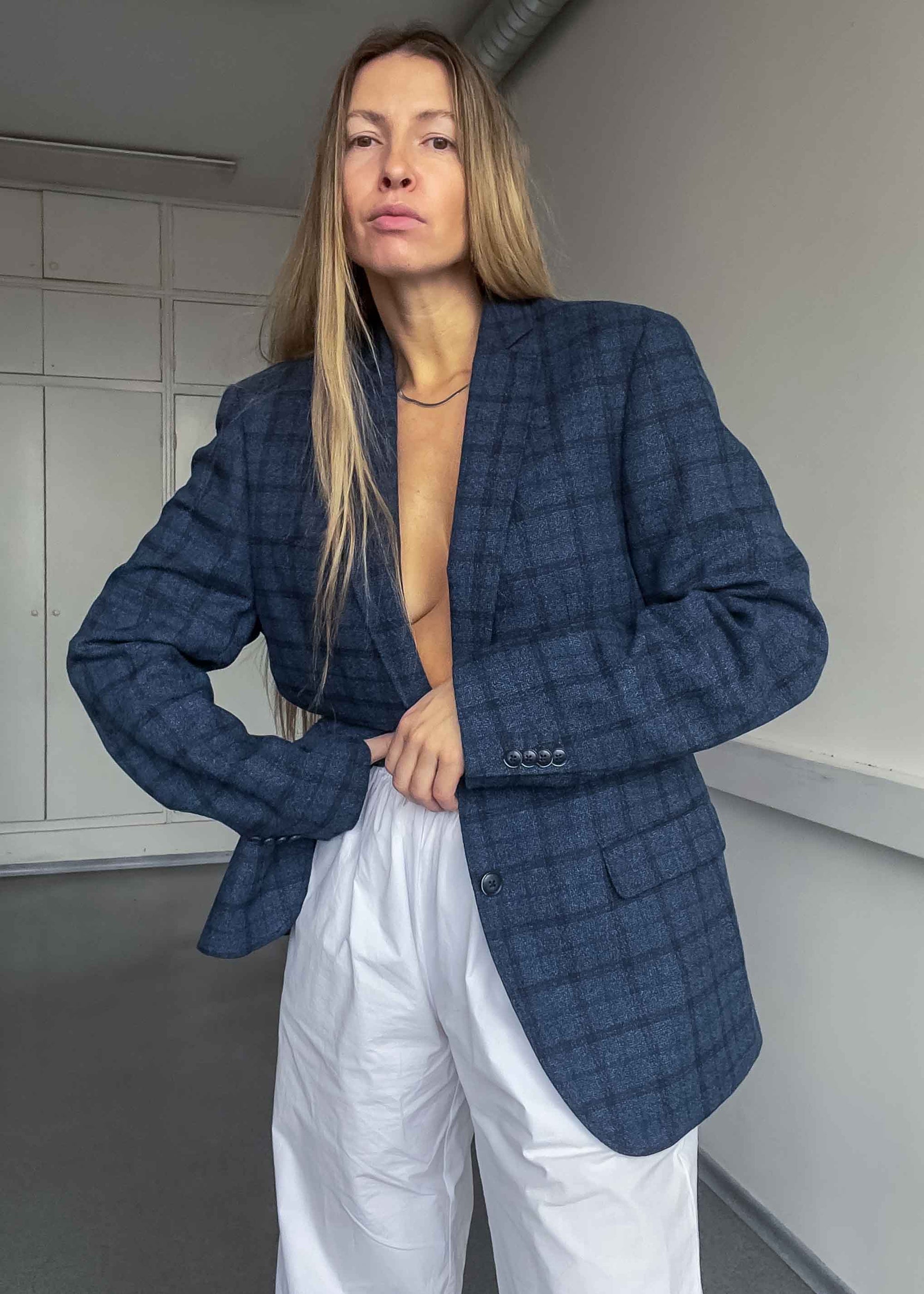 Vintage Blue Checked Oversized Blazer