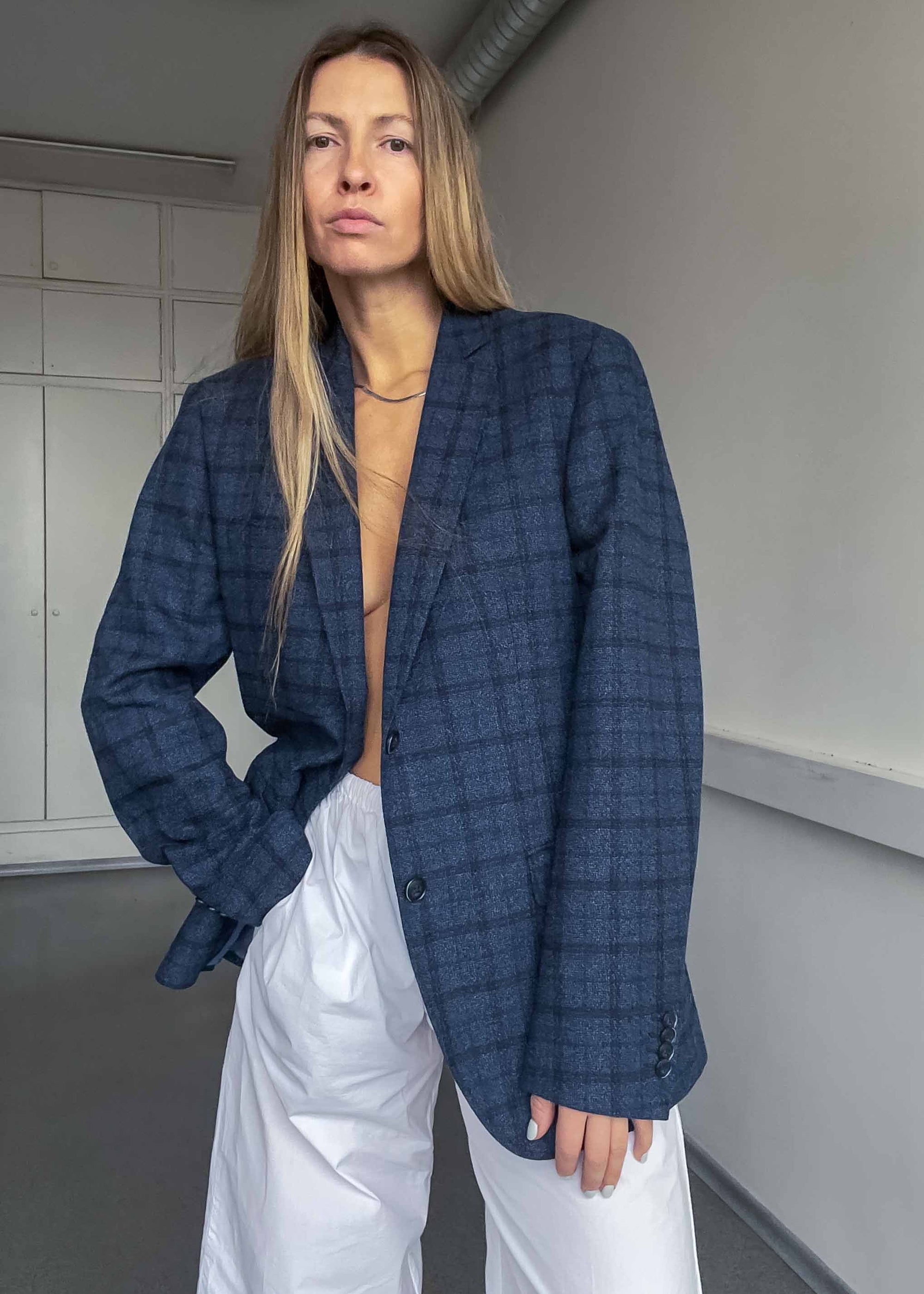 Vintage Blue Checked Oversized Blazer