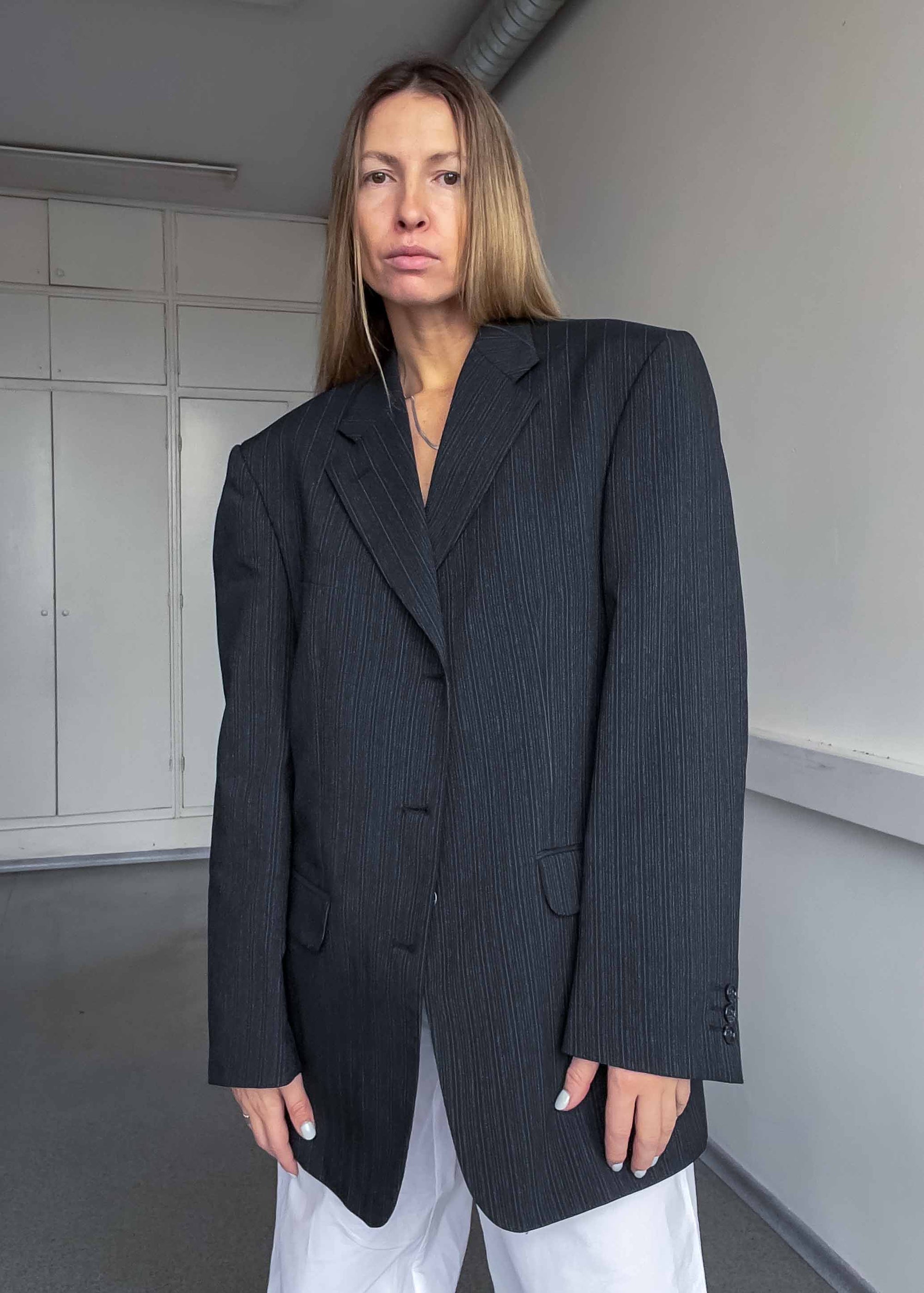 Vintage Black/Grey Striped Oversized Blazer