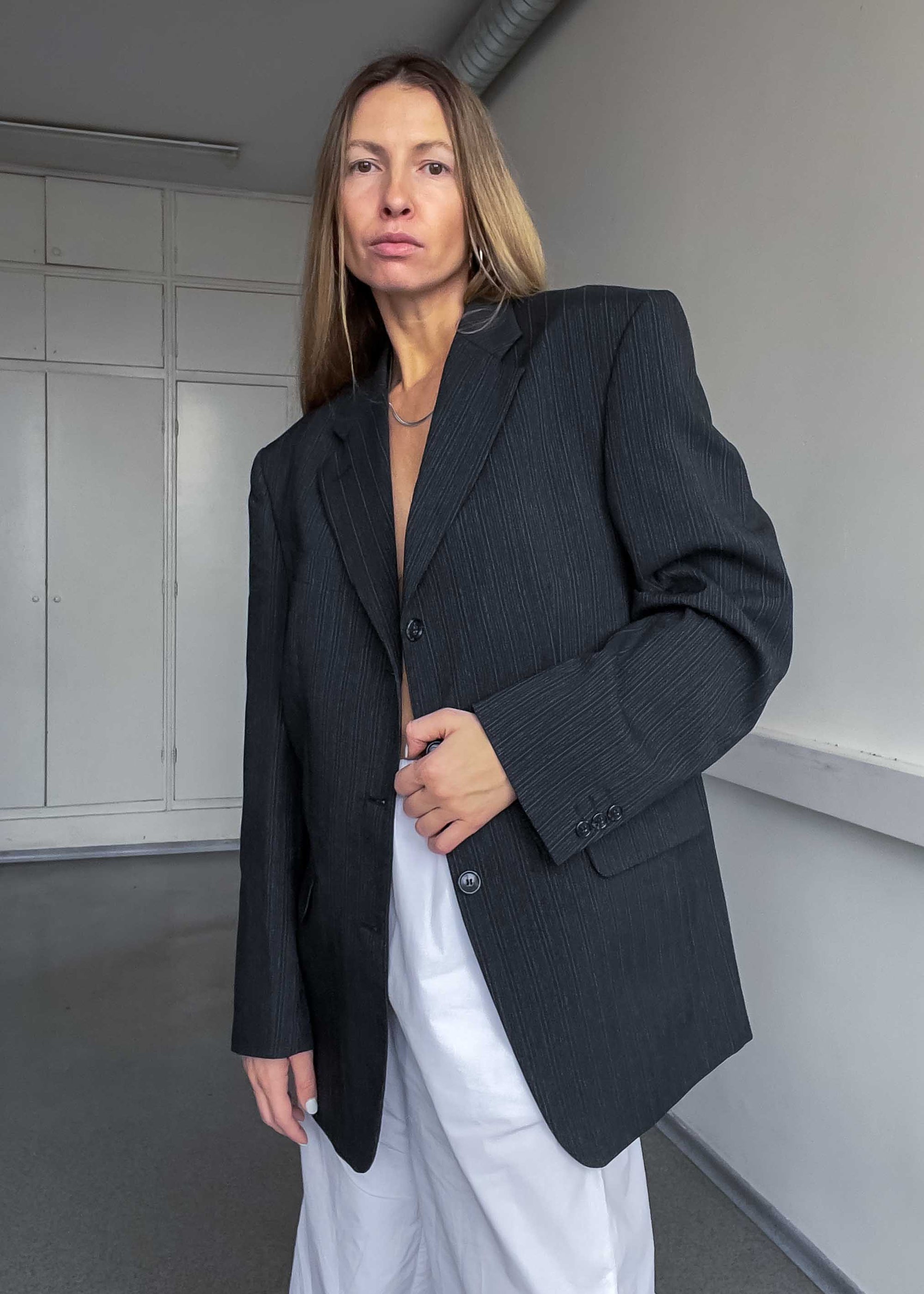 Vintage Black/Grey Striped Oversized Blazer