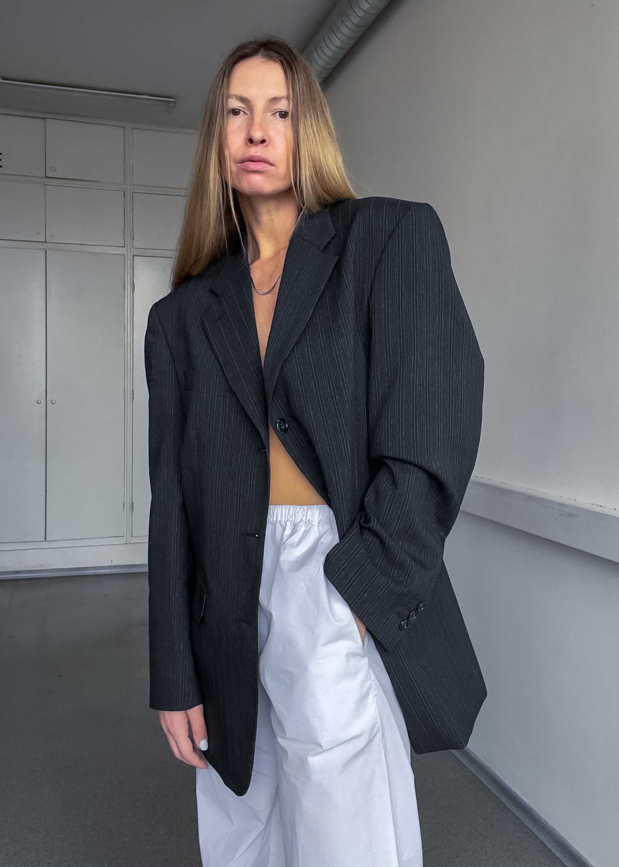 Vintage Black/Grey Striped Oversized Blazer