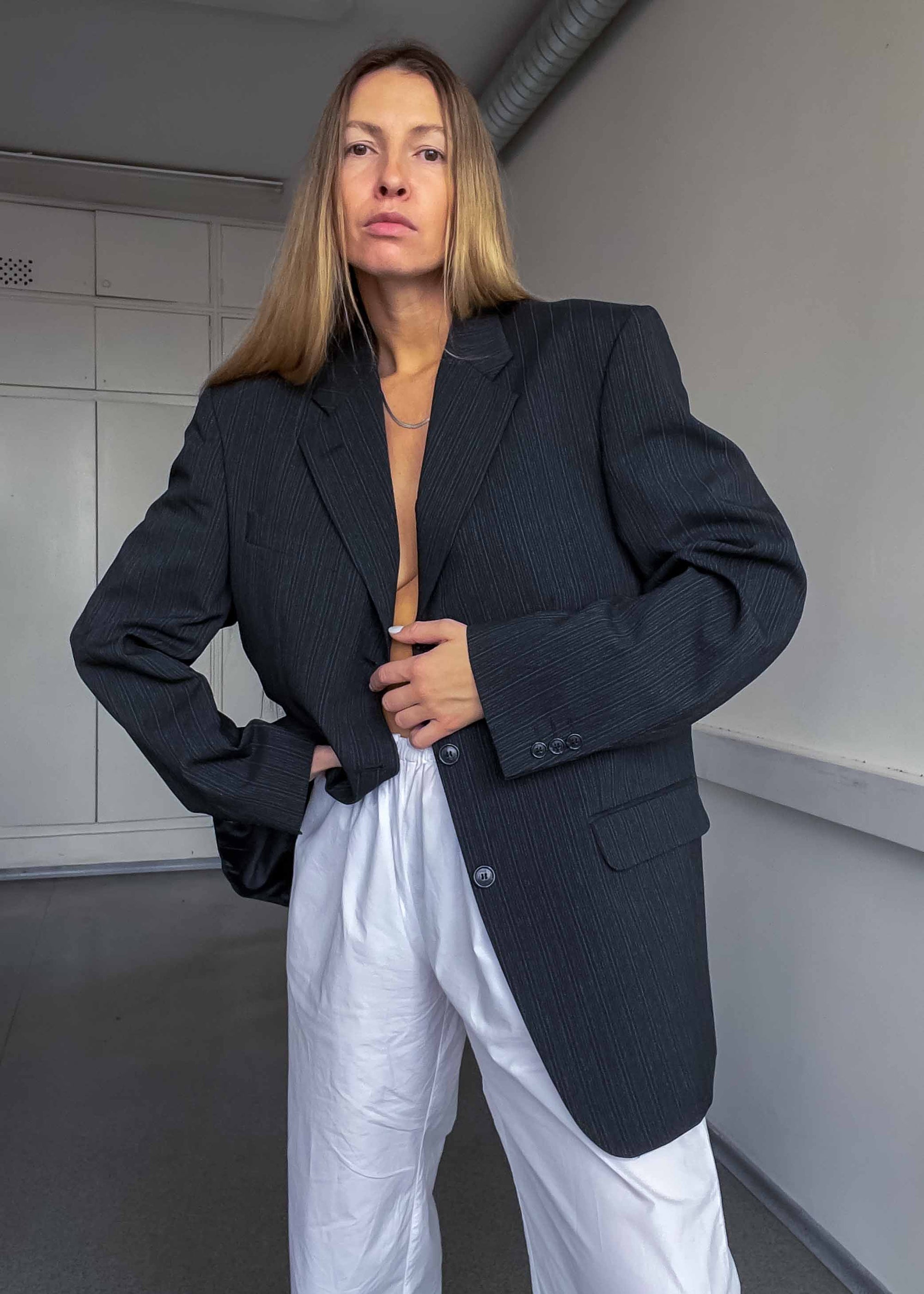 Vintage Black/Grey Striped Oversized Blazer