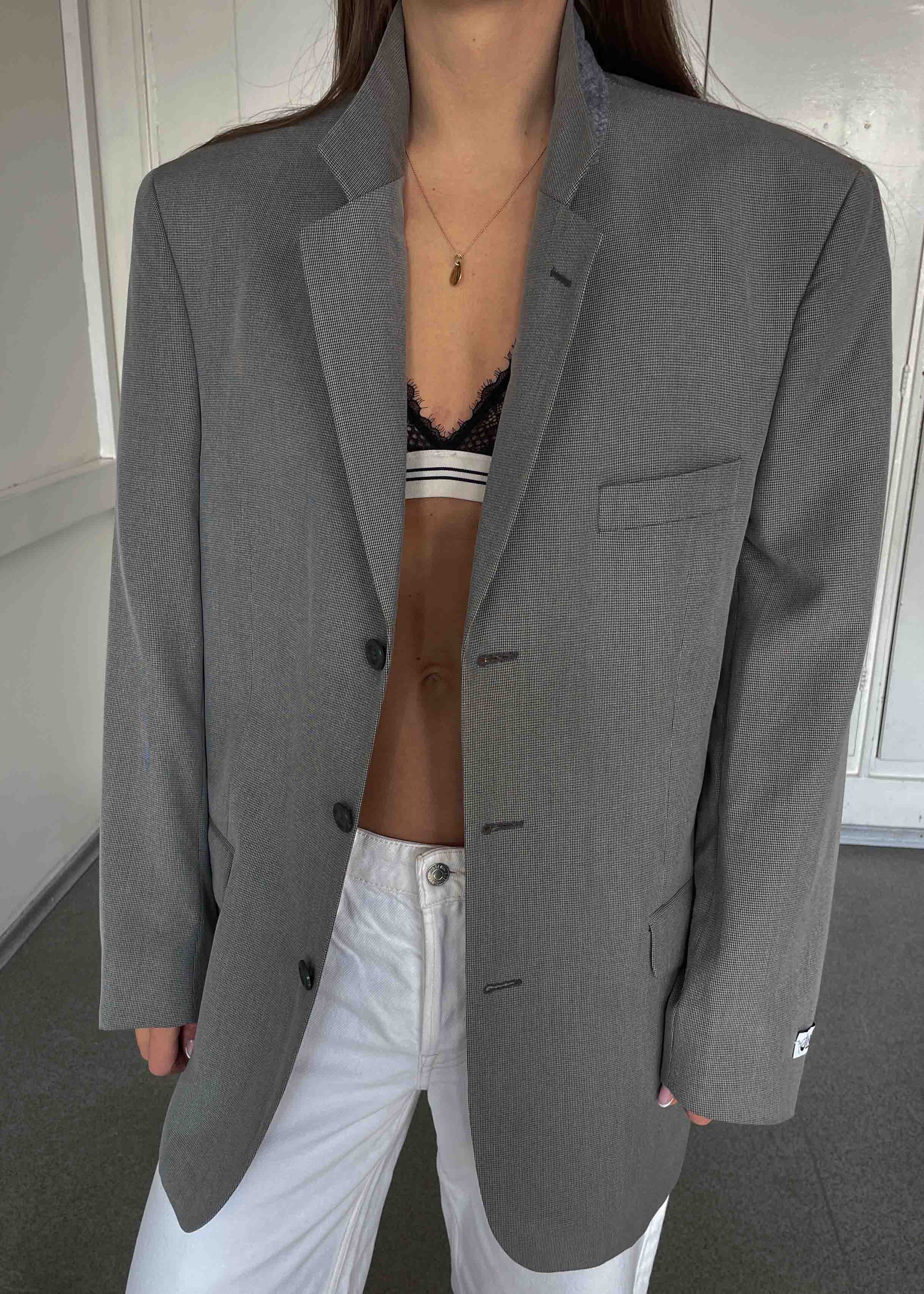 Vintage Light Grey Patterned Oversized Blazer