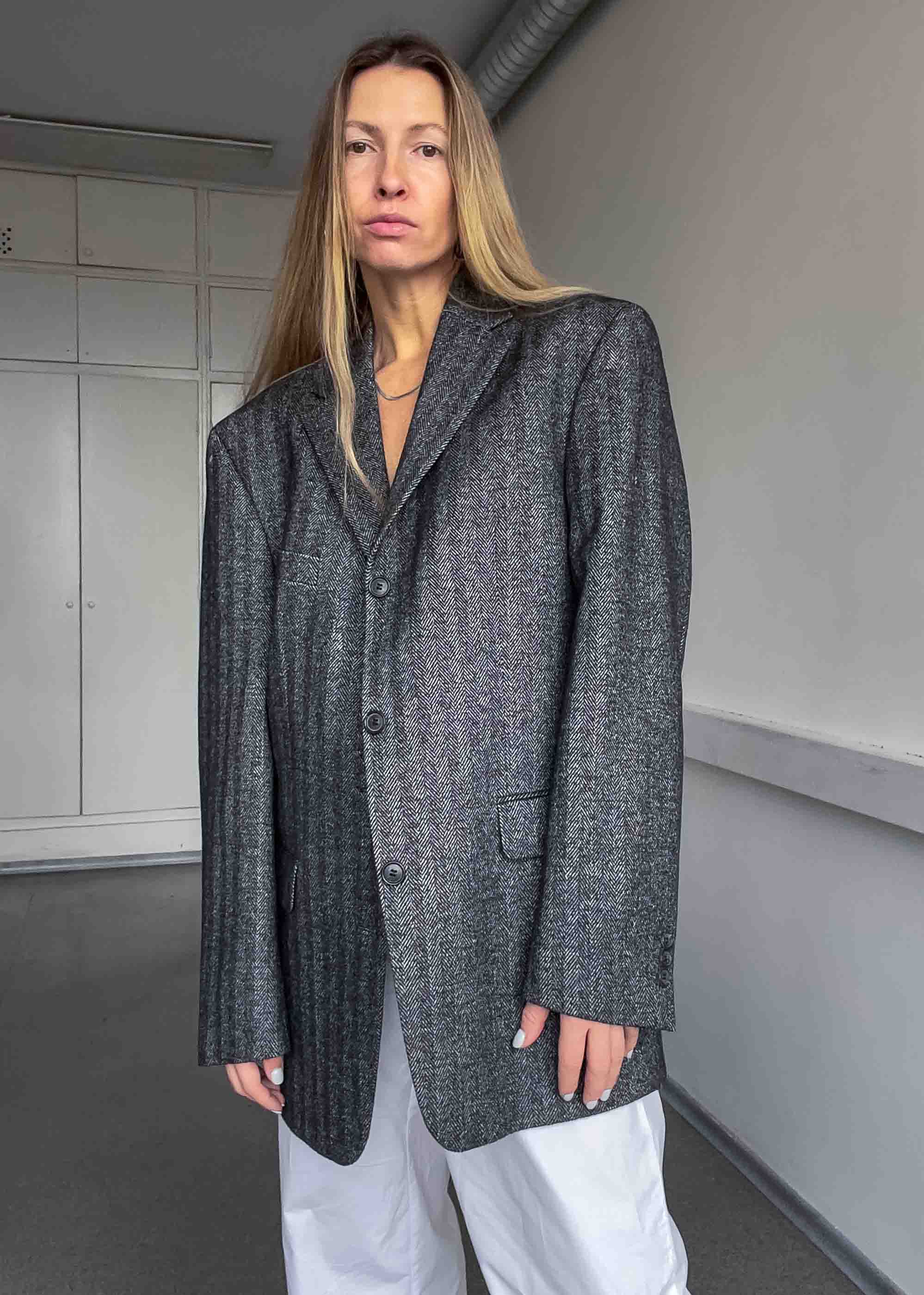 Vintage Dark Grey Patterned Oversized 100% WOOL Blazer