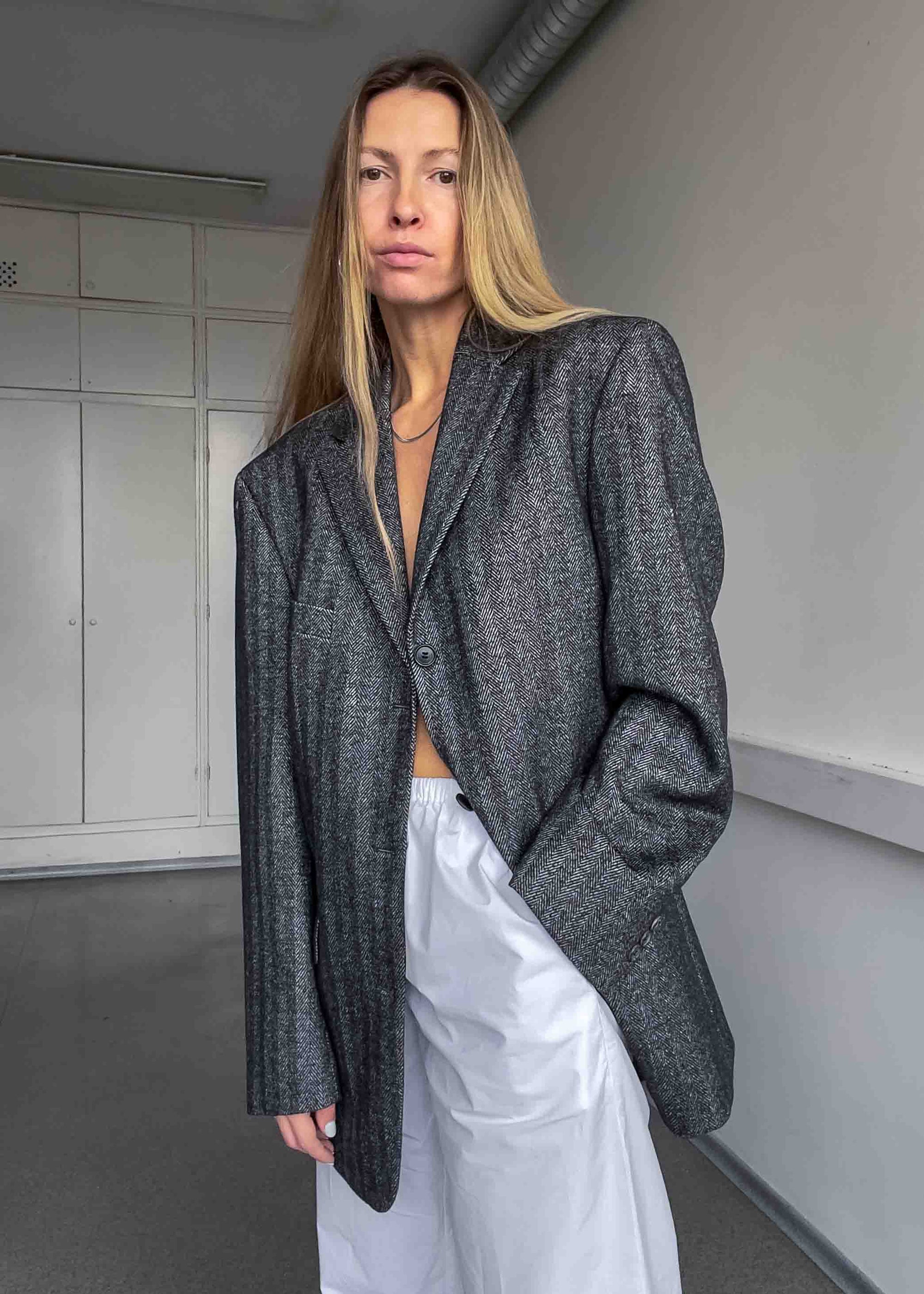 Vintage Dark Grey Patterned Oversized 100% WOOL Blazer