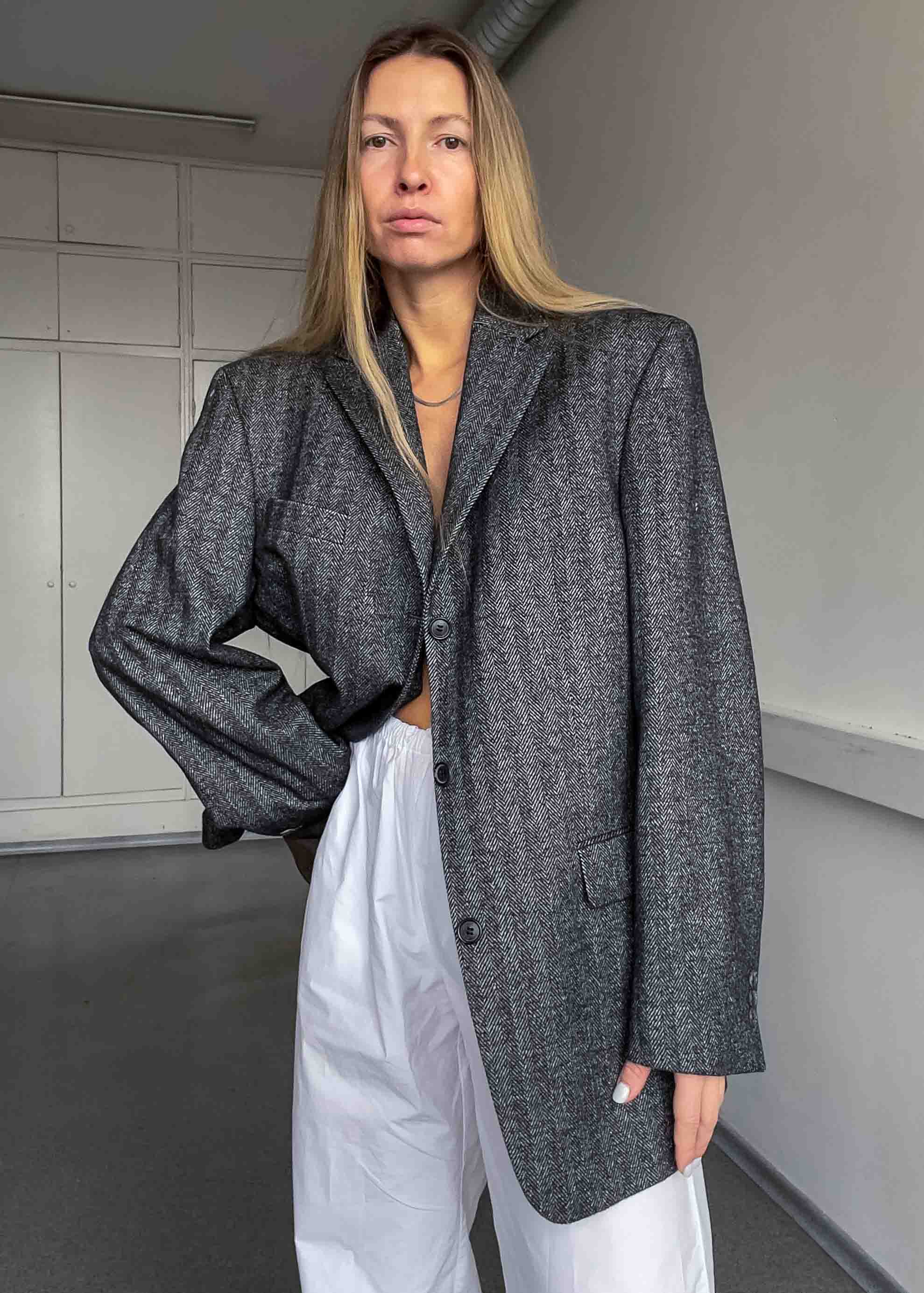 Vintage Dark Grey Patterned Oversized 100% WOOL Blazer