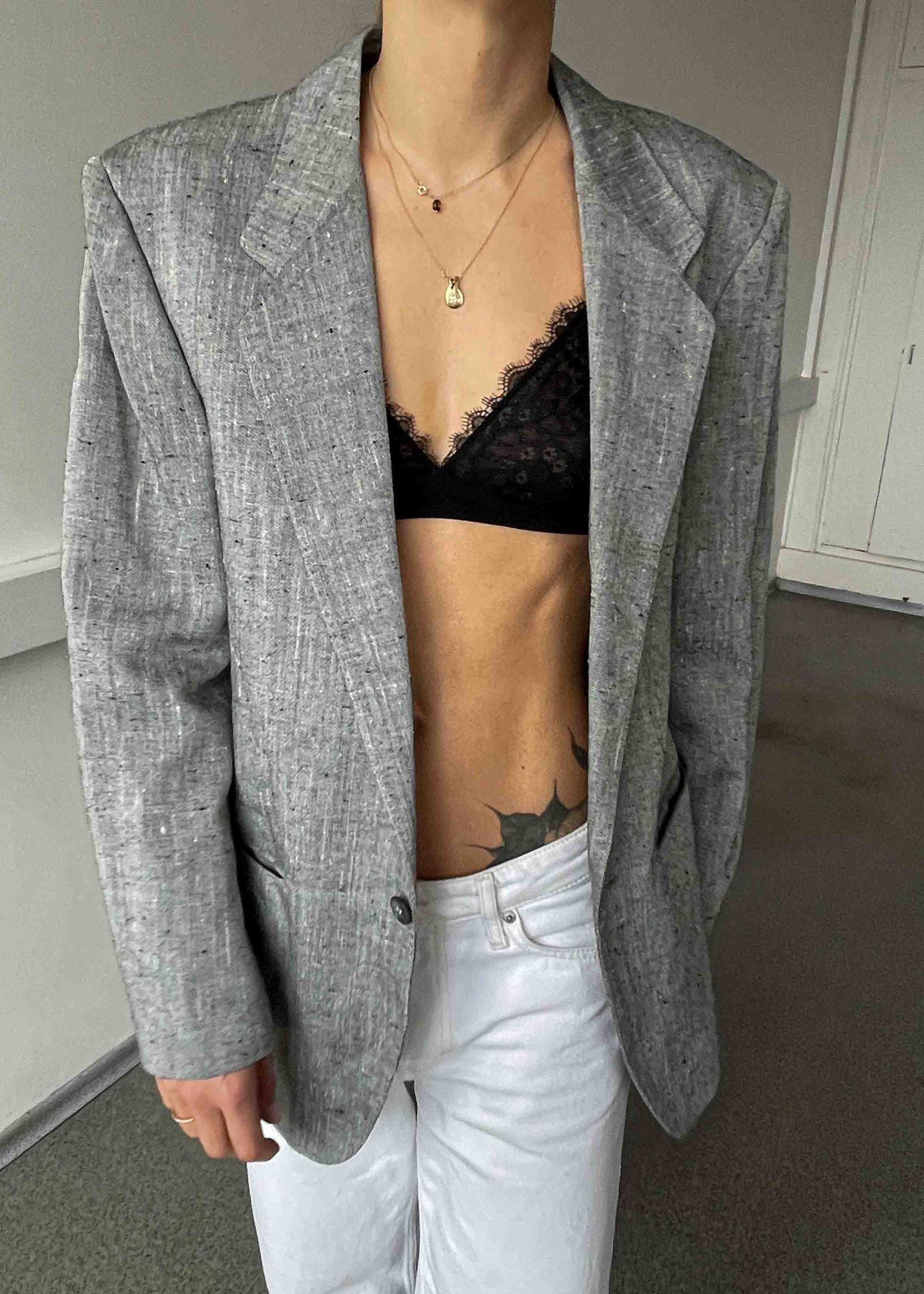 Vintage Grey Patterned Linen Blend Oversized Blazer