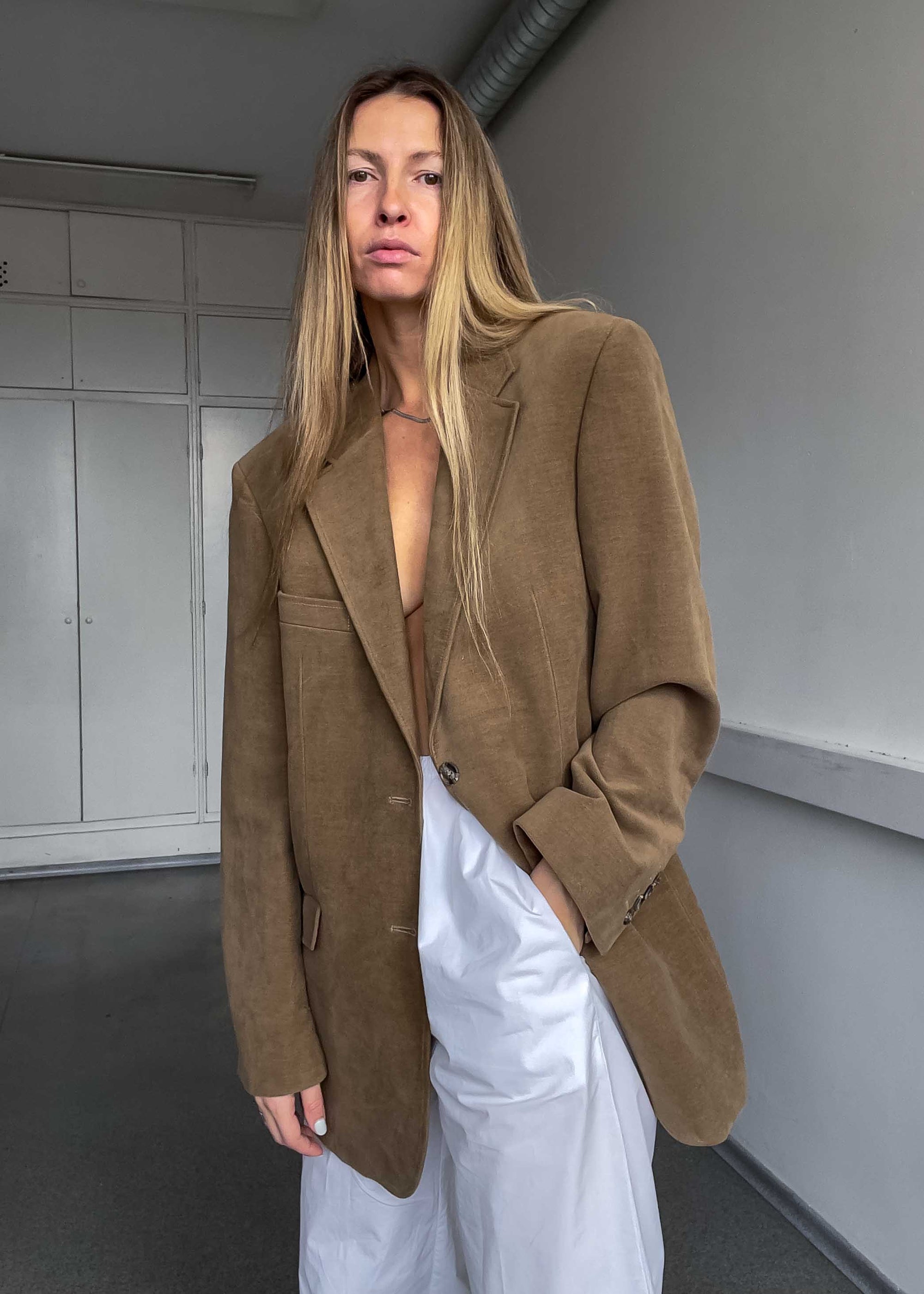 Vintage Camel Brown Oversized Velvet Blazer
