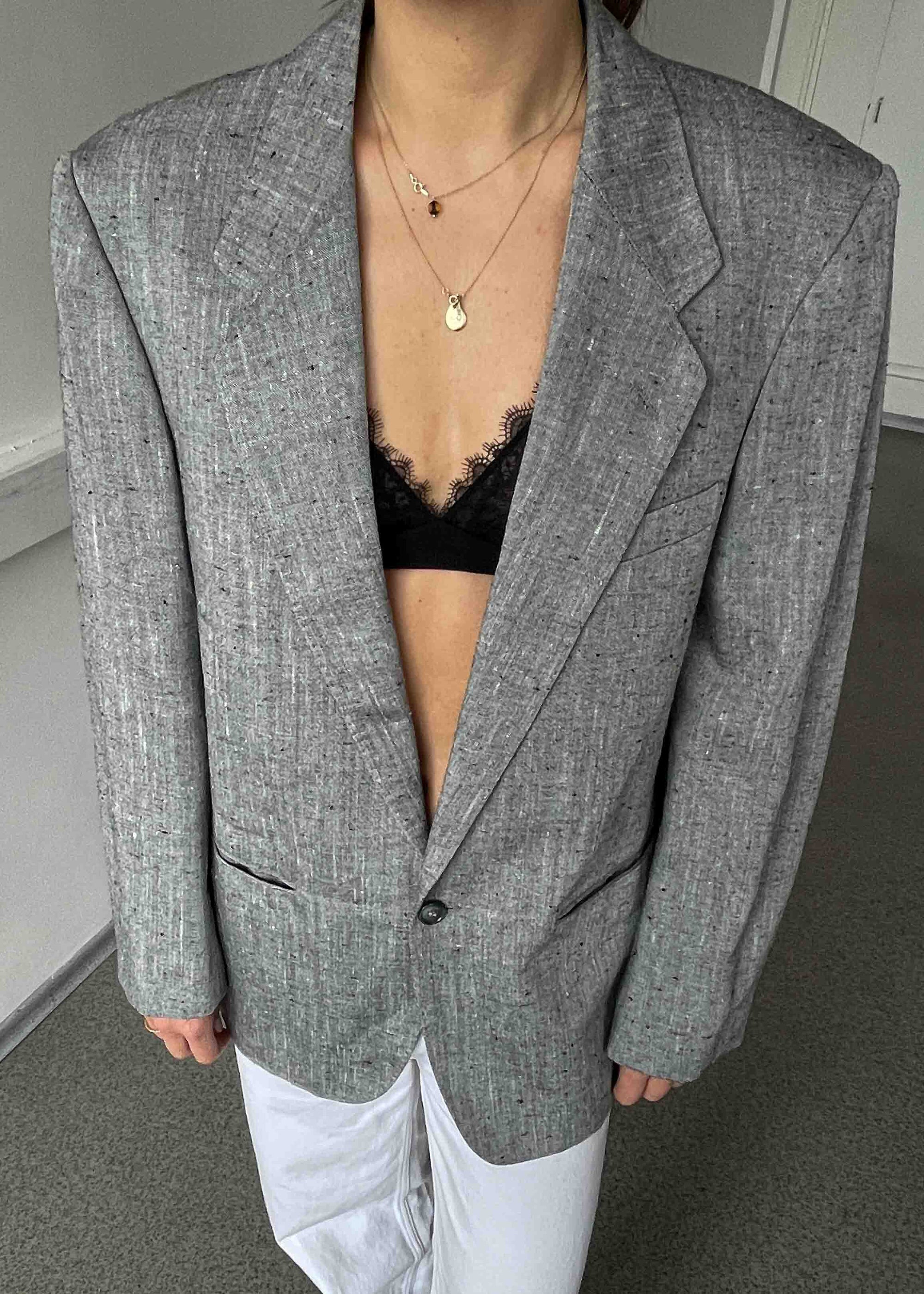 Vintage Grey Patterned Linen Blend Oversized Blazer