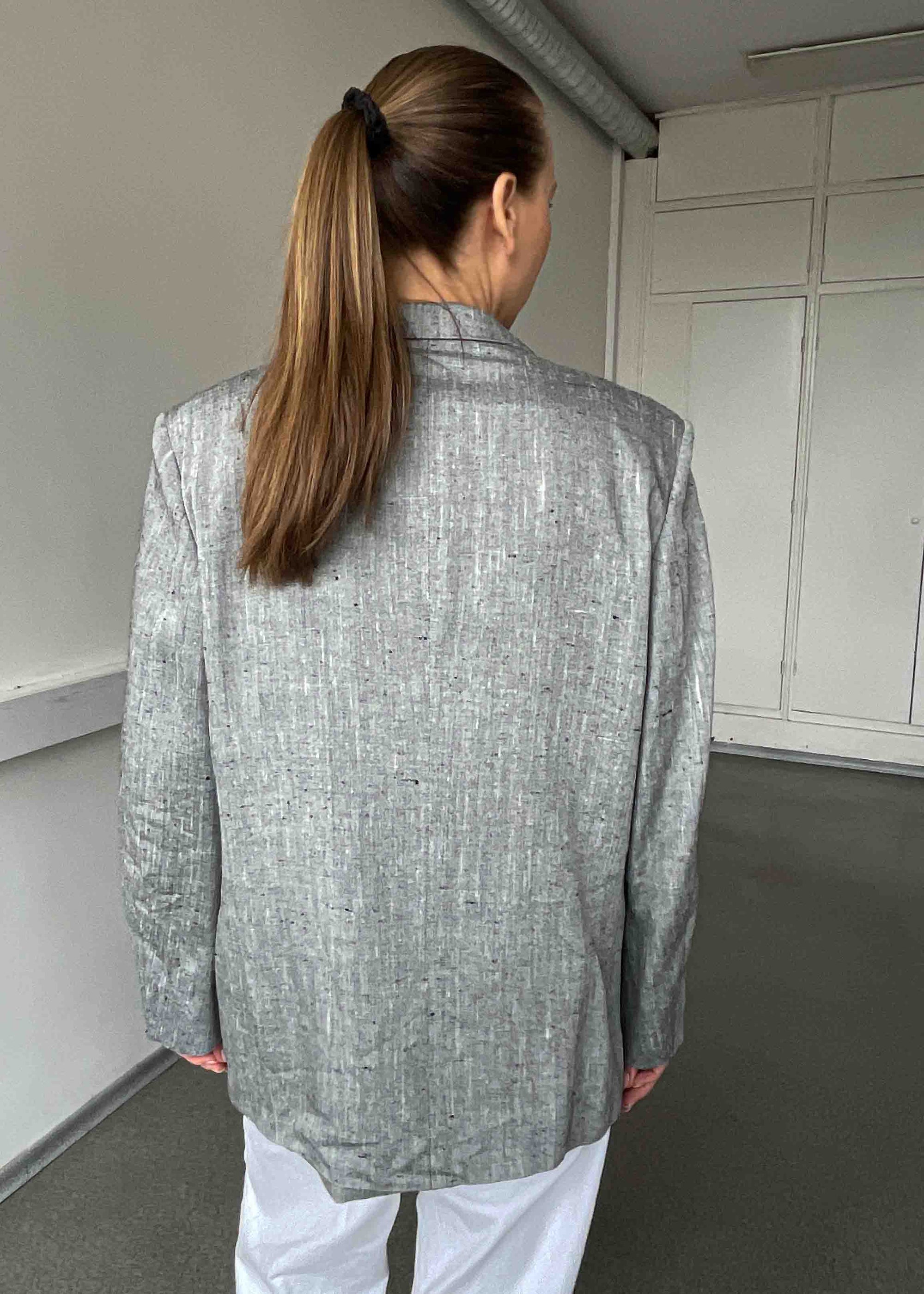Vintage Grey Patterned Linen Blend Oversized Blazer