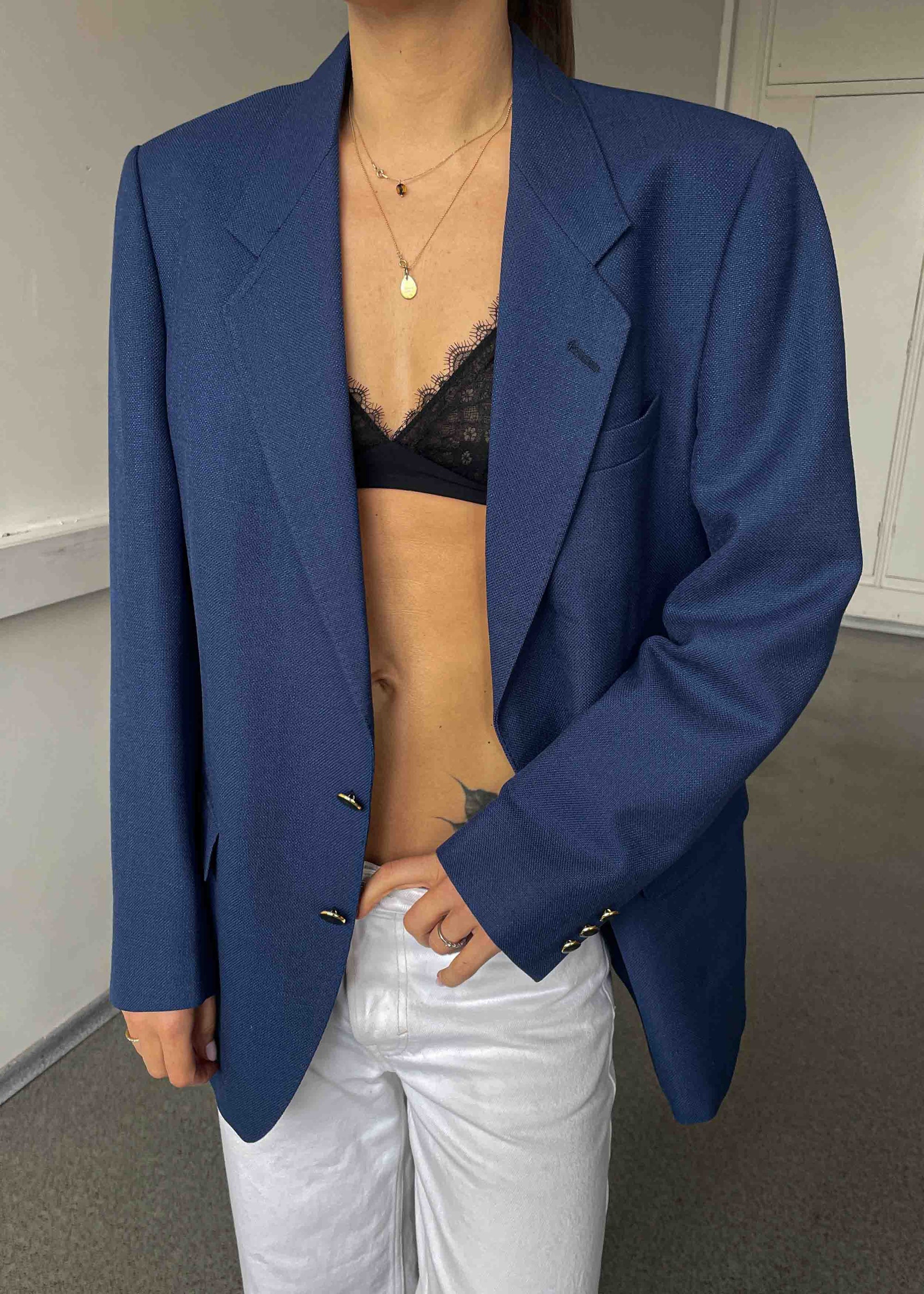 Vintage Blue Oversized Blazer with Golden Buttons