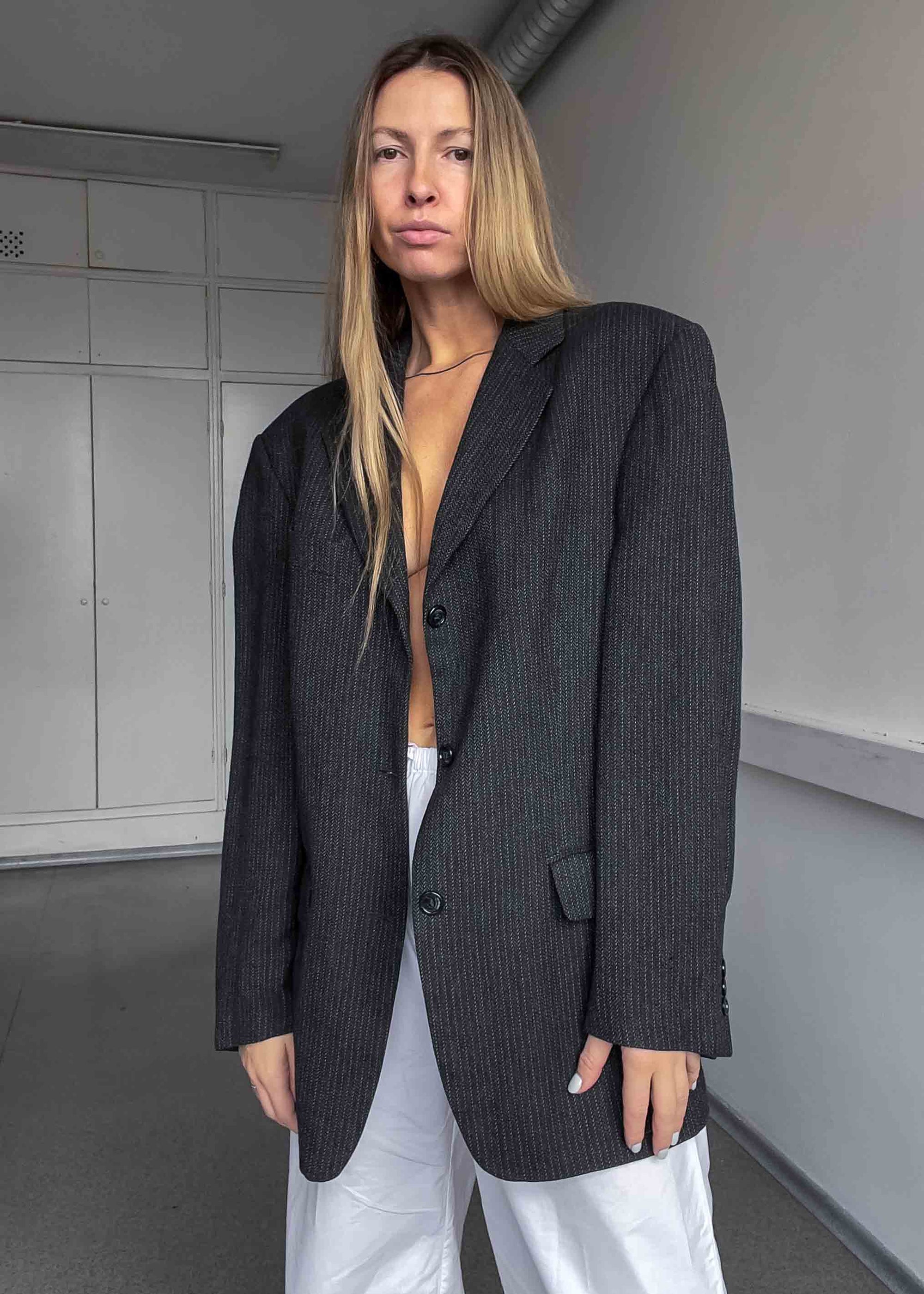 Vintage Dark Grey Striped Oversized Blazer
