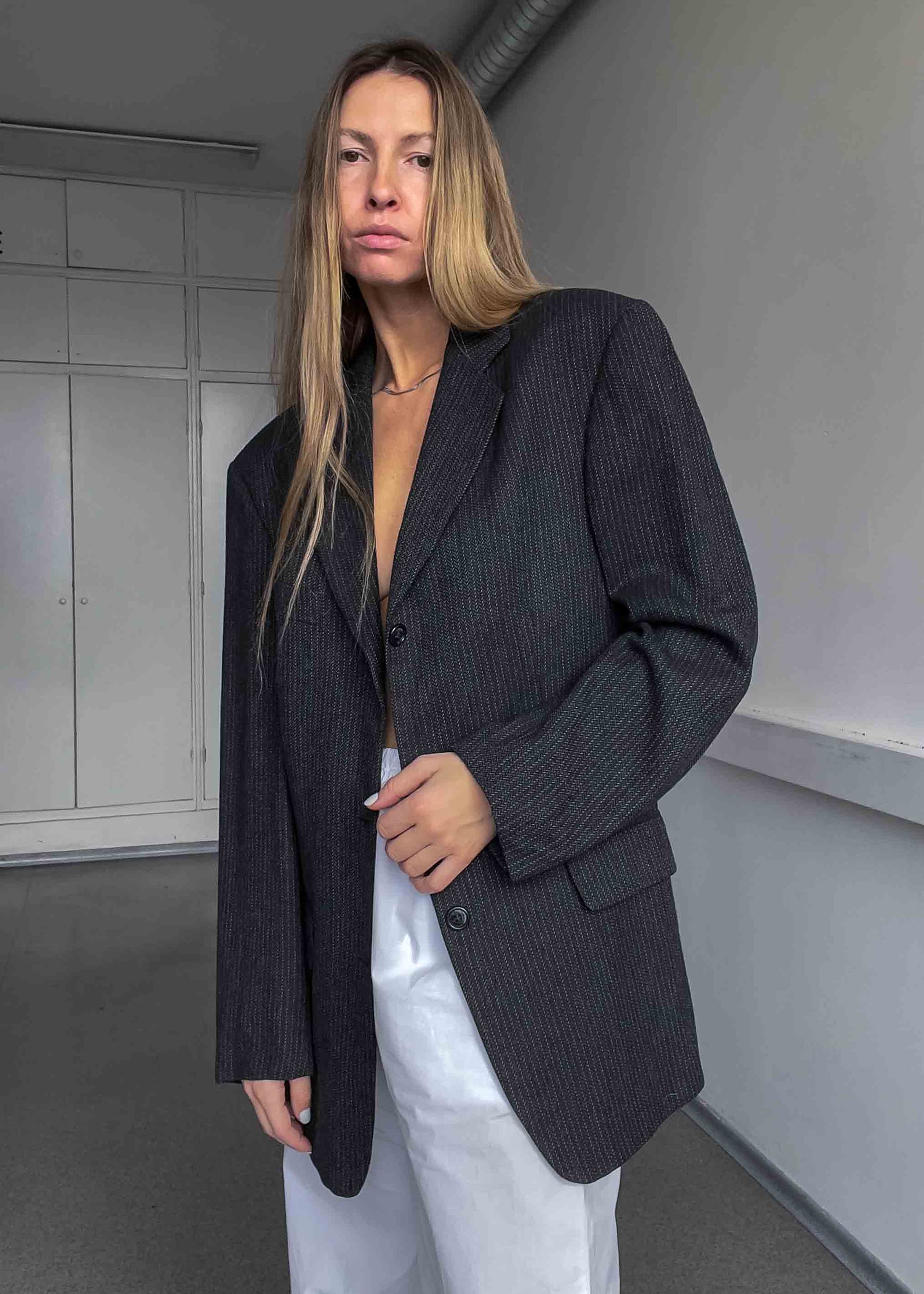Vintage Dark Grey Striped Oversized Blazer