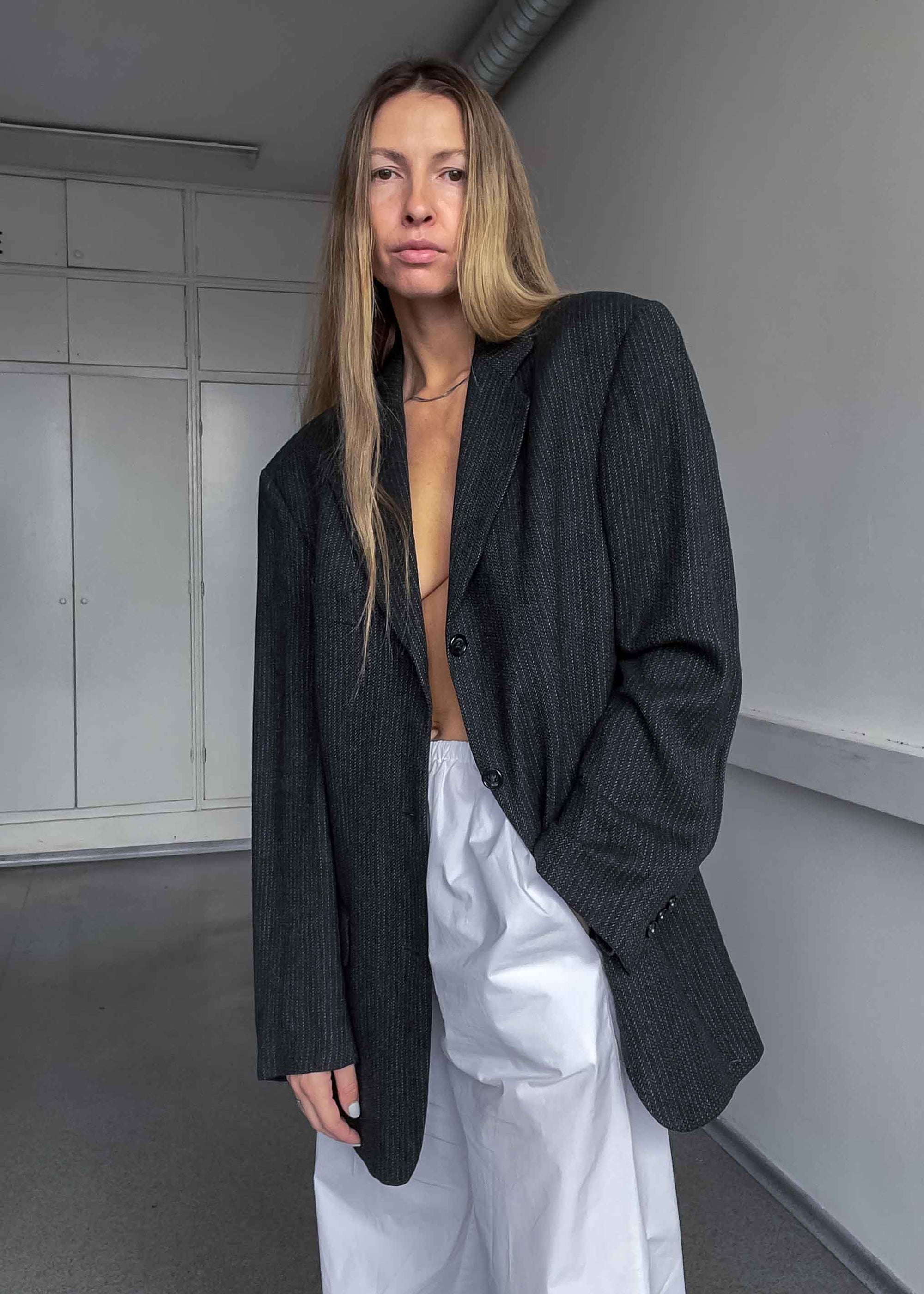 Vintage Dark Grey Striped Oversized Blazer