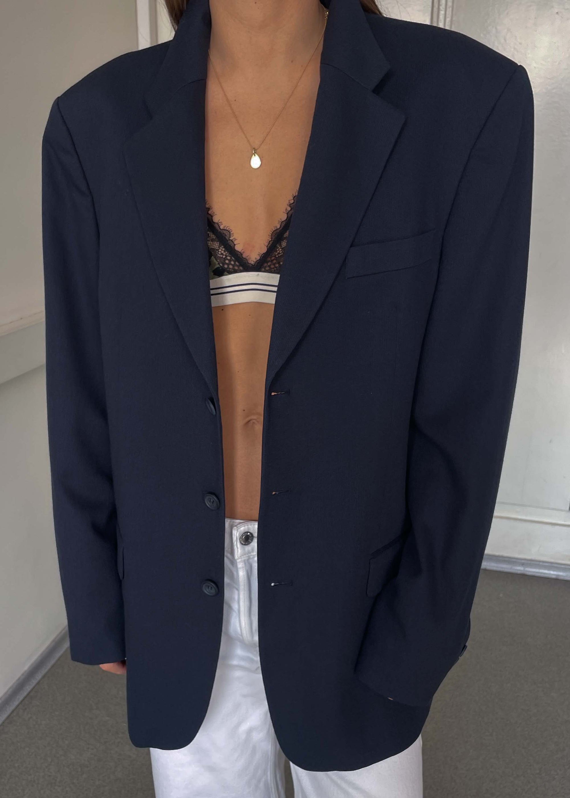 Vintage Dark Blue Patterned Oversized Blazer