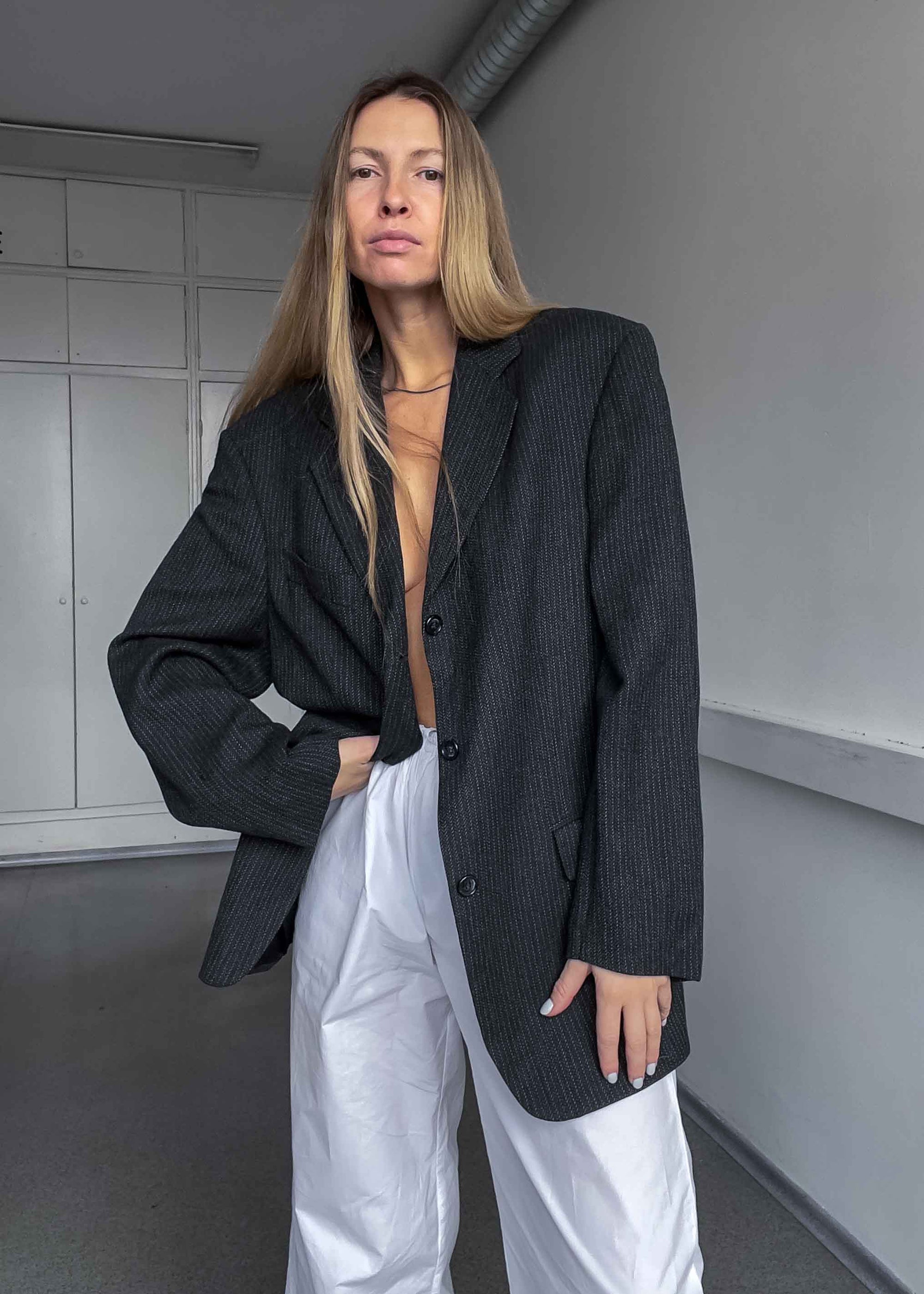 Vintage Dark Grey Striped Oversized Blazer