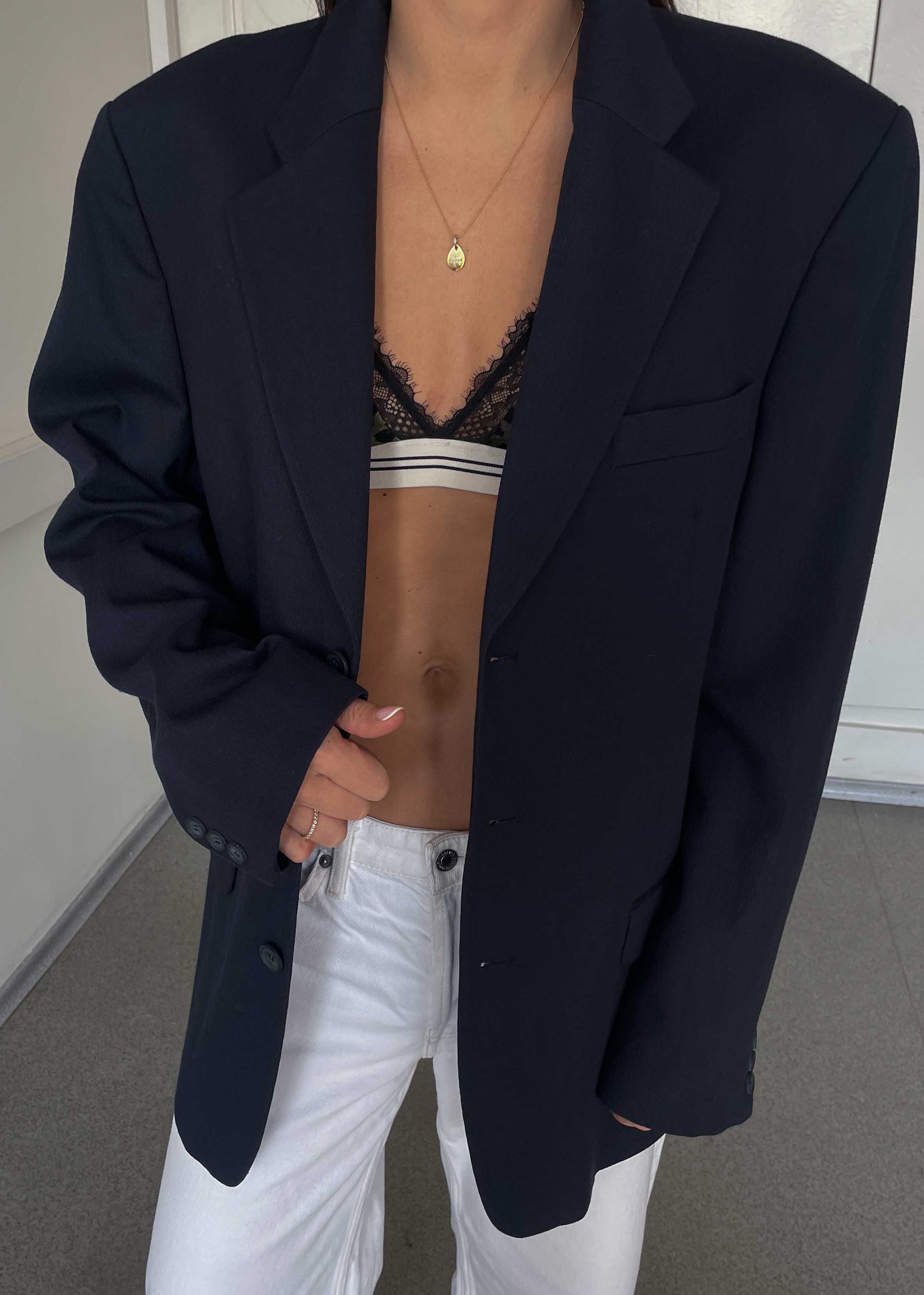 Vintage Dark Blue Patterned Oversized Blazer